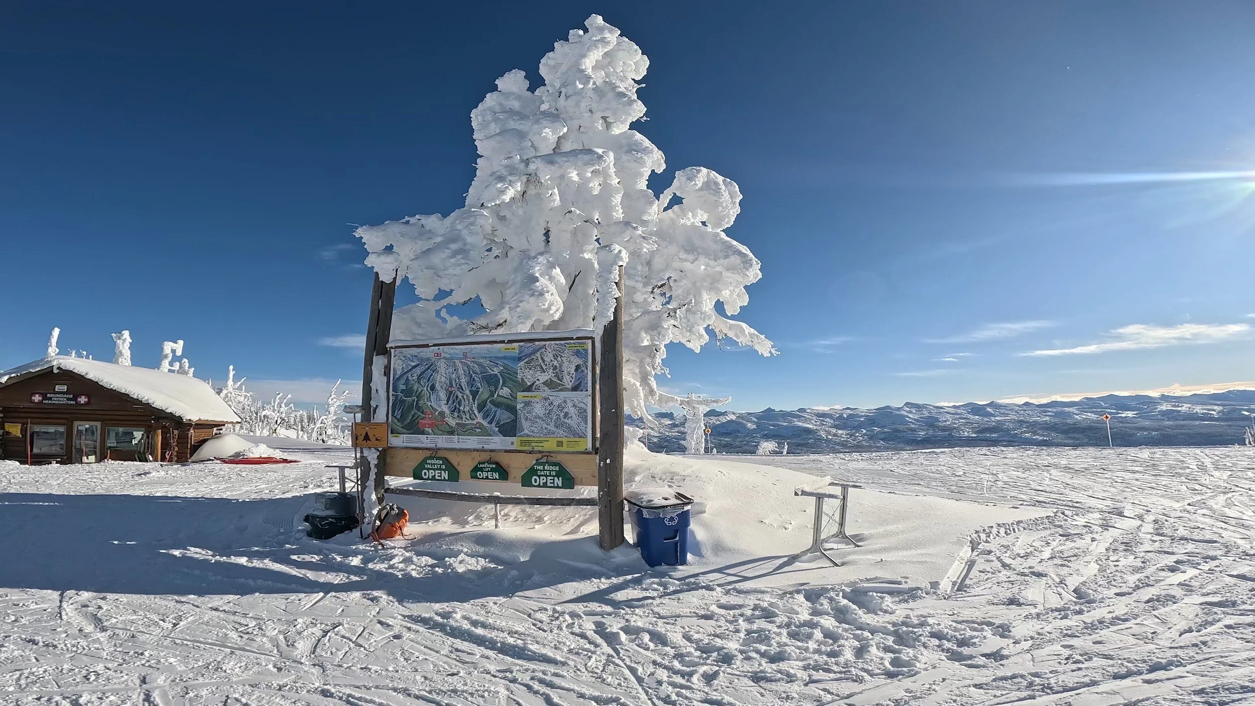 Frost-covered tree beside a trail map sign at the summit of Brundage Mountain