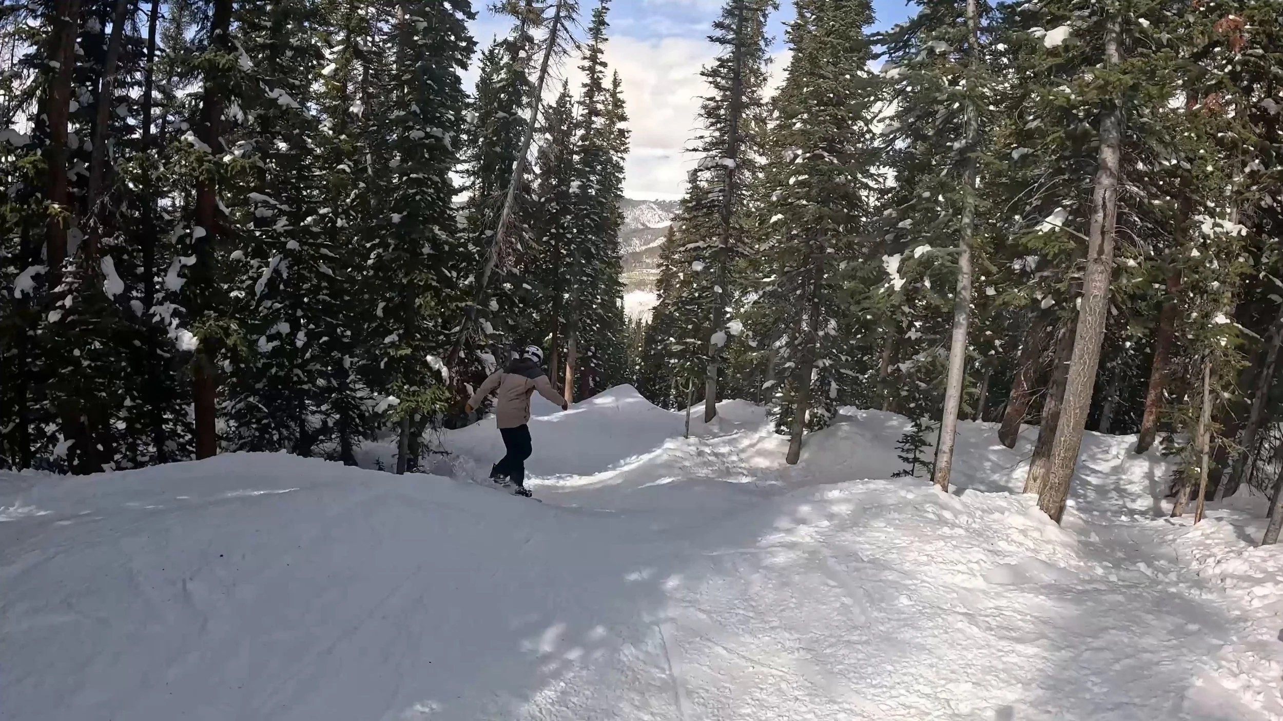 A snowboarder going down a tree run