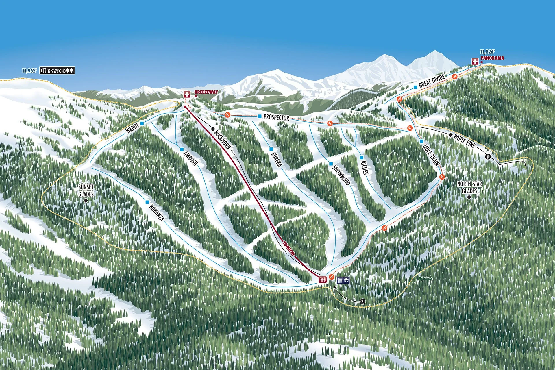 A ski map showing No Name Basin at Monarch ski area, Colorado