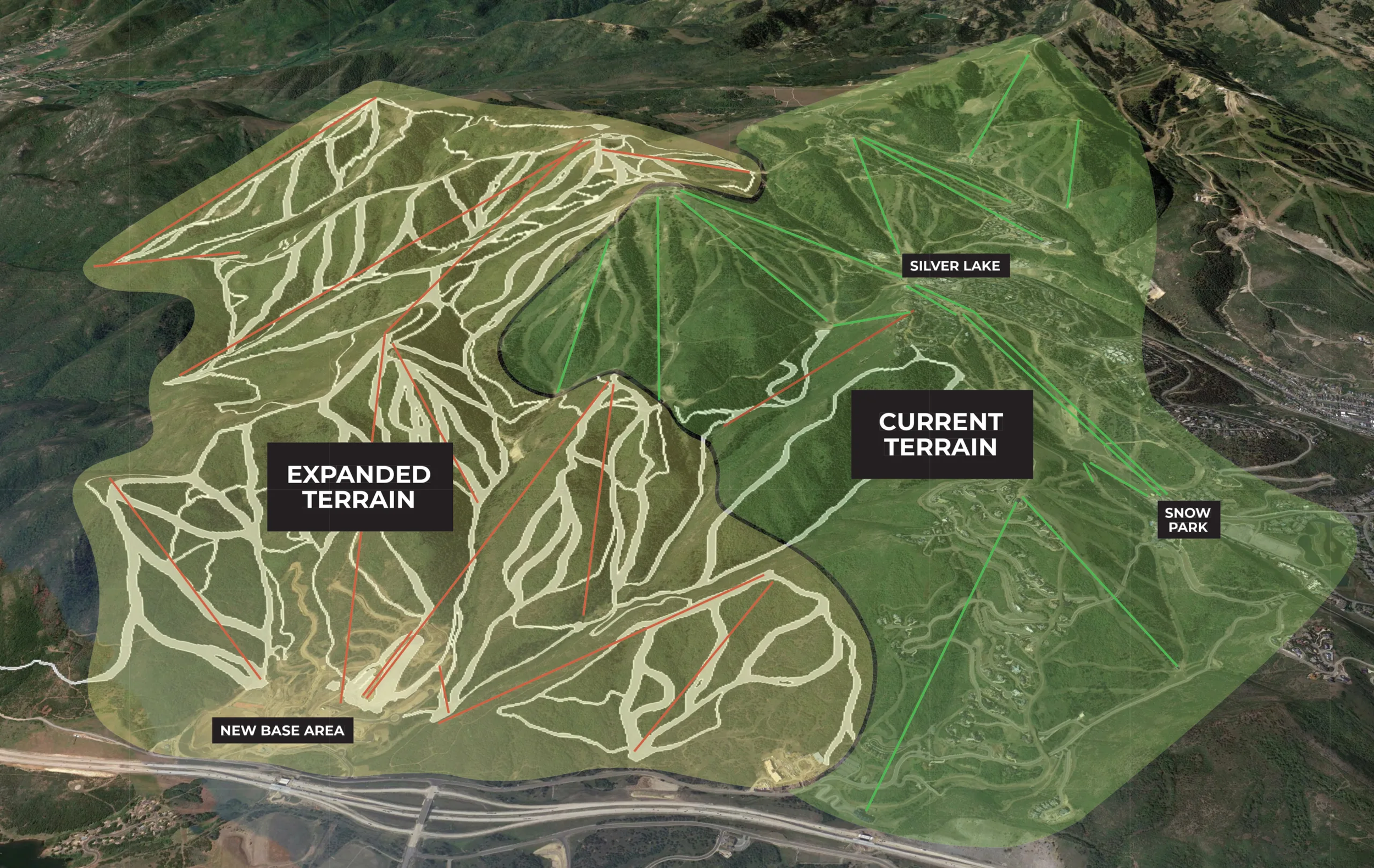 A map of Deer Valley showing the old terrain footprint and the new expanded terrain footprint