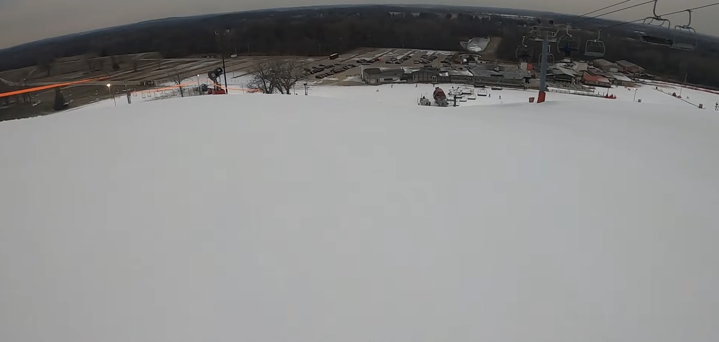 A view down a ski slope at Wilmot ski area, Wisconsin, on a cloudy day