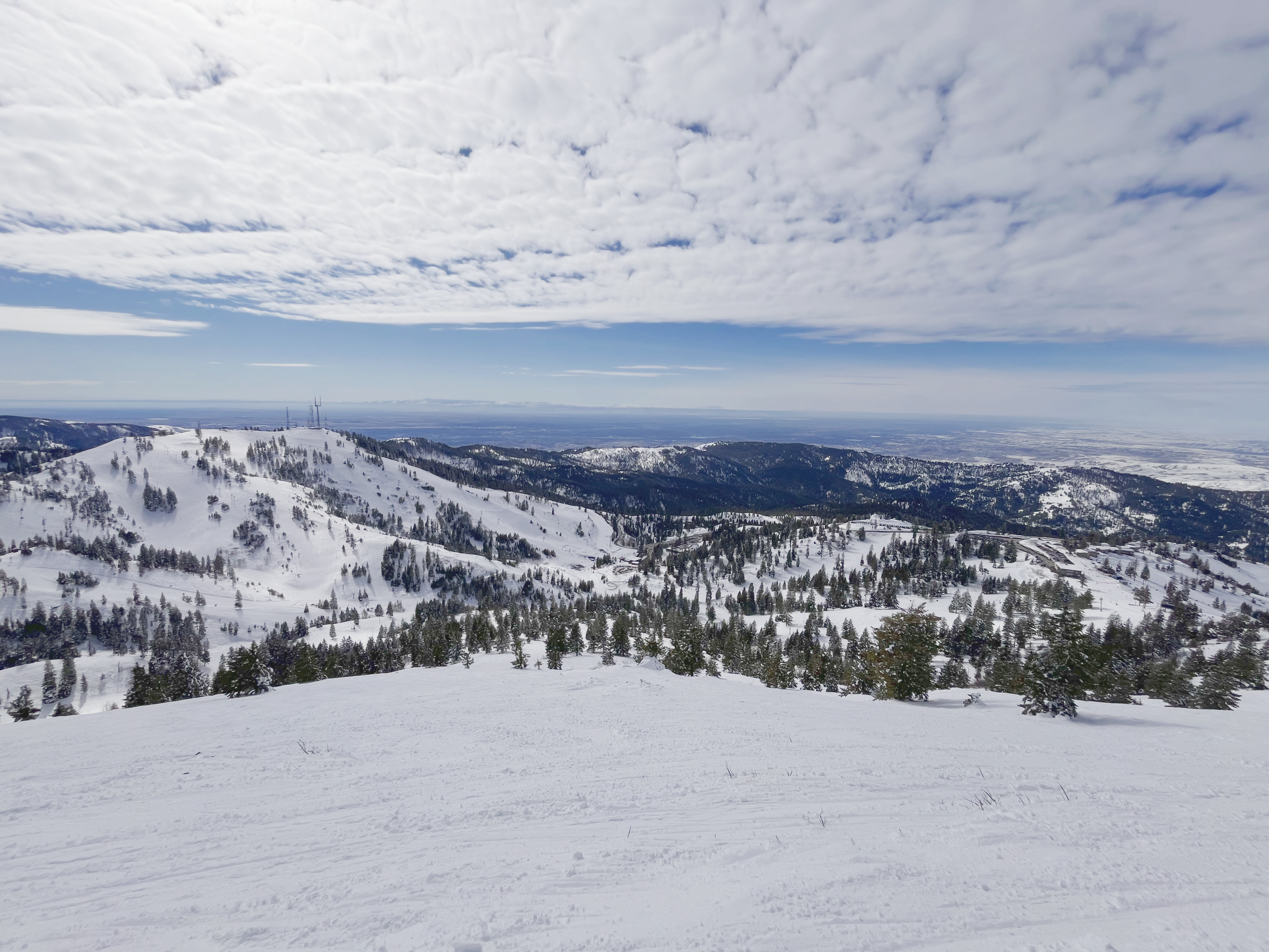 Panoramic view of snowy and forested mountains from a mountain summit at Bogus Basin ski resort, Idaho