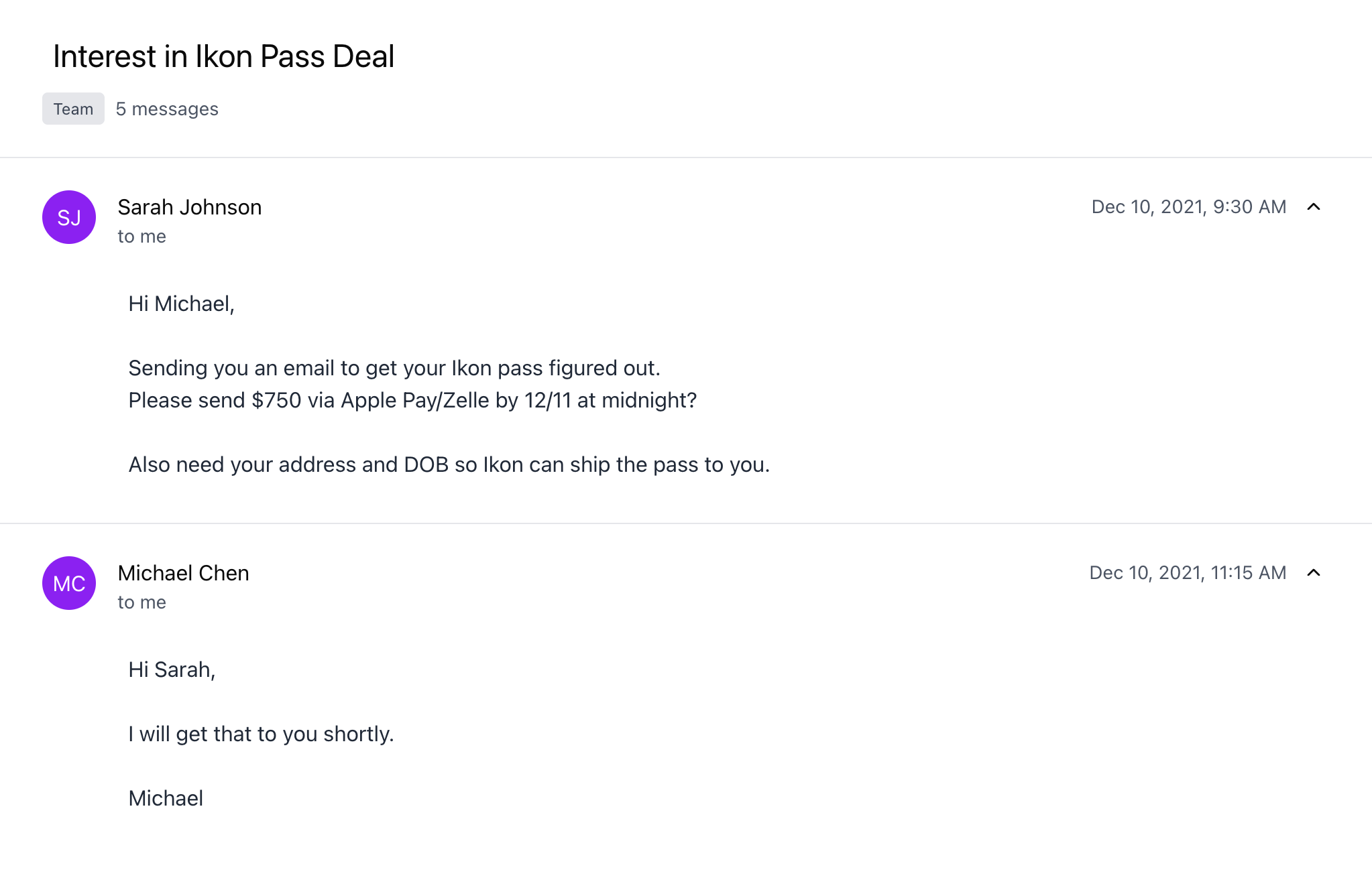 An example of an email exchange between a fraudulent ski pass seller and a potential buyer