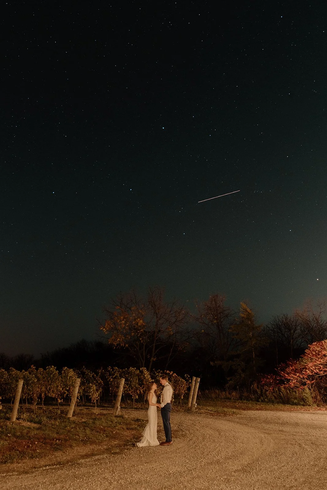 A couple dressed in wedding attire stands holding hands on a gravel path under a clear starry night sky with a streak of light from a shooting star, surrounded by trees and vineyard.
