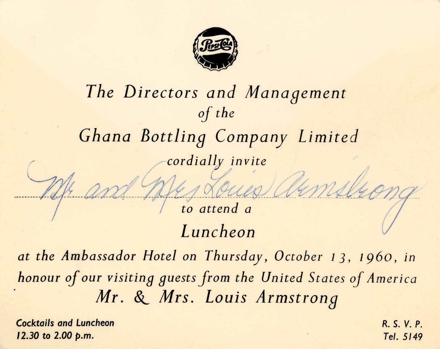 The first leg of Louis Armstrong’s 1960-1961 Africa tour was sponsored by Pepsi-Cola. Kaduna, Nigeria, 1960. Courtesy of the Louis Armstrong House Museum.