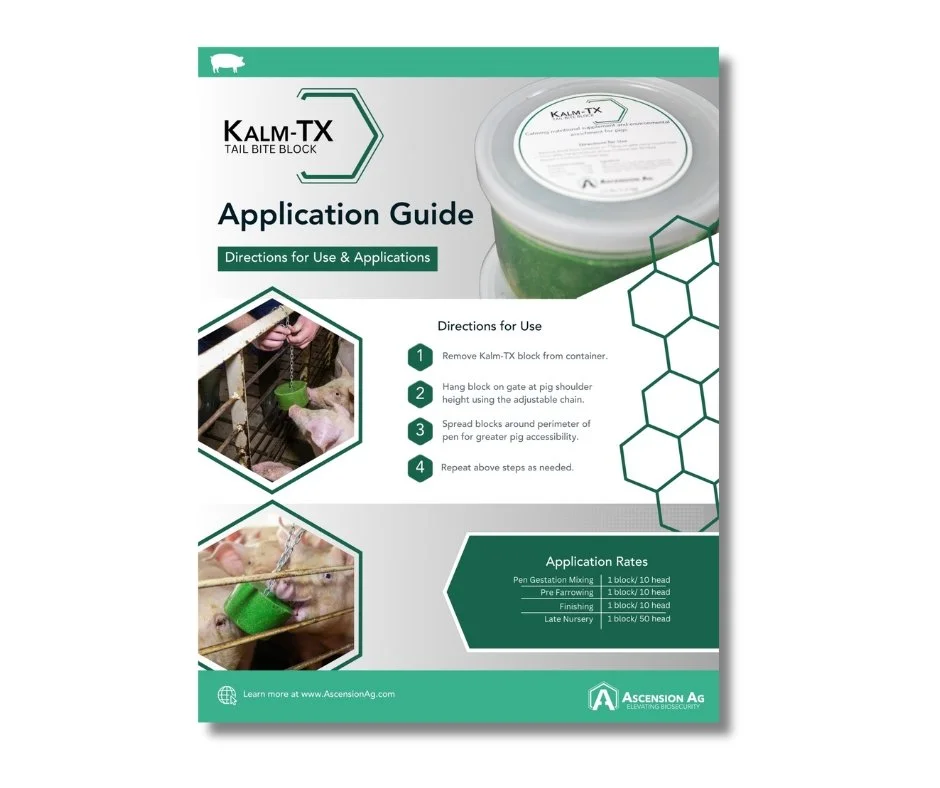 Kalm-TX Application Guide cover, providing instructions for hanging and positioning the tail bite block for optimal use in swine facilities. Click to download full PDF.