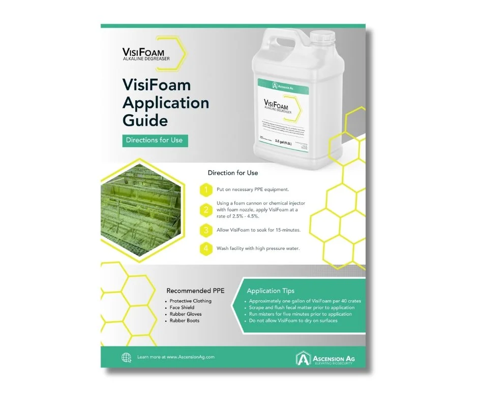VisiFoam Application Guide cover, providing instructions for applying high-visibility alkaline degreaser in sow farm farrowing rooms. Click to download full PDF.