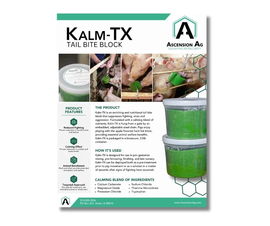 Kalm-TX Technical Sheet cover, detailing product benefits, usage areas, and nutritional components for reducing aggression in pigs. Click to download full PDF.