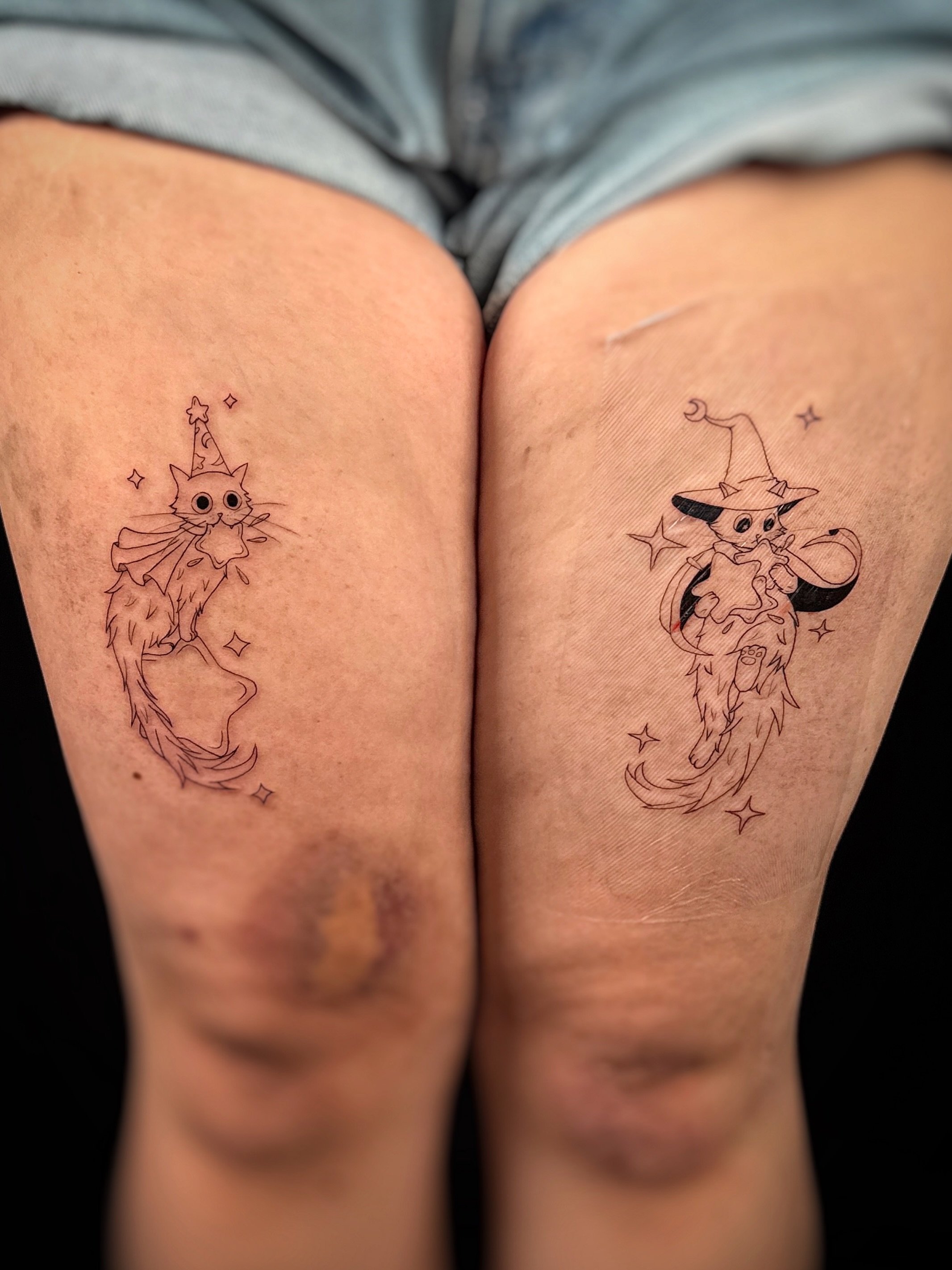 Two wizard cats for @notthyra Thank you so much Nikki! This was so fun and magical to do :D!!! ✨✨✨✨
.
.
.

#oaklandtattoo
#oaklandtattooapprentice #cattattoo 
#animetattoo oaklandflashtattoo