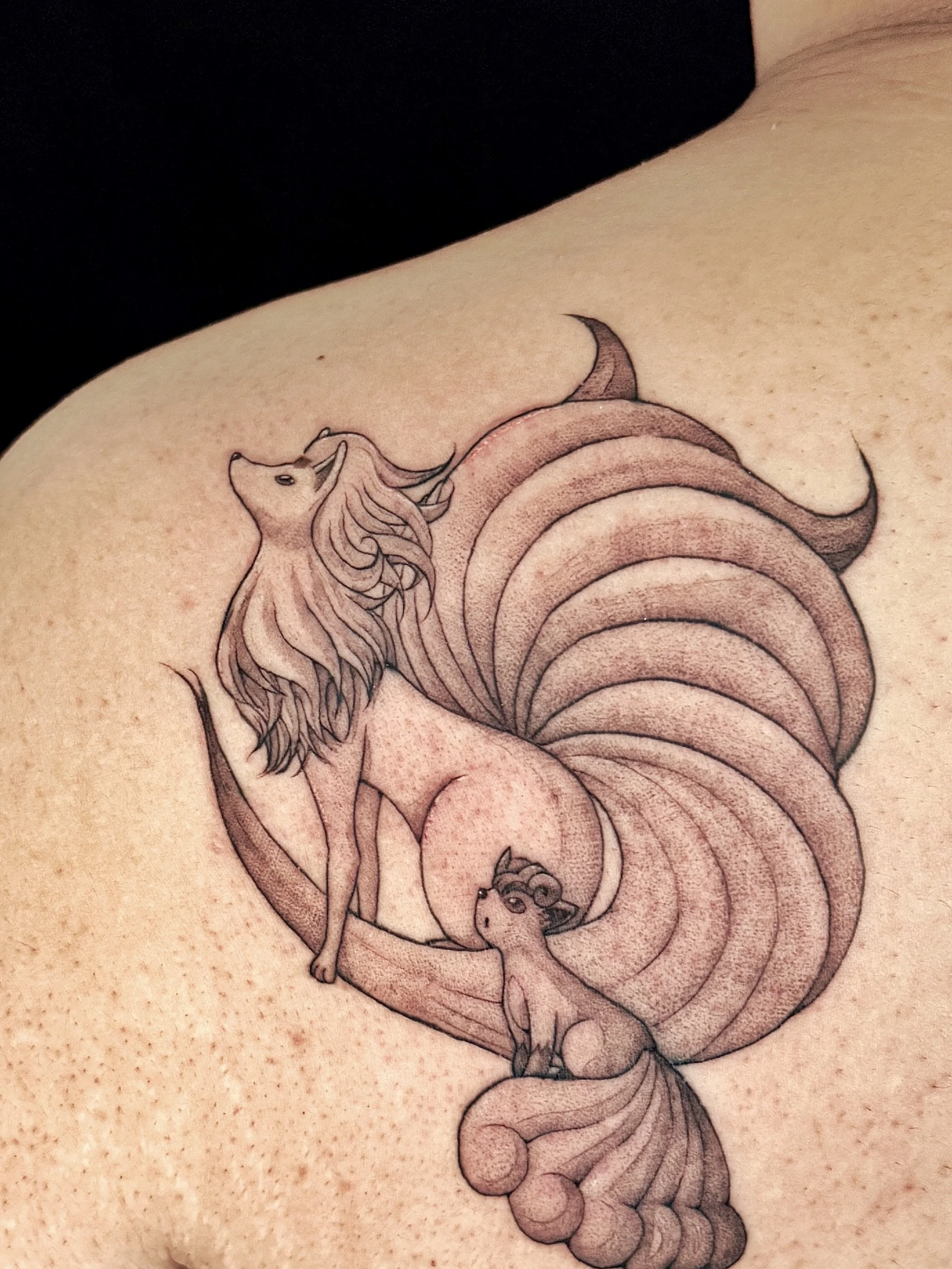 Ninetales and Vulpix for Joshua! I&rsquo;m really proud of how this turn out 🥹✨! You want your favorite pokemon? Dm me ;D~
.
.
.
.
.
#pokemontattoo #bayareatattoo
#oaklandtattoo #animetattoo
#sanfranciscotattoo