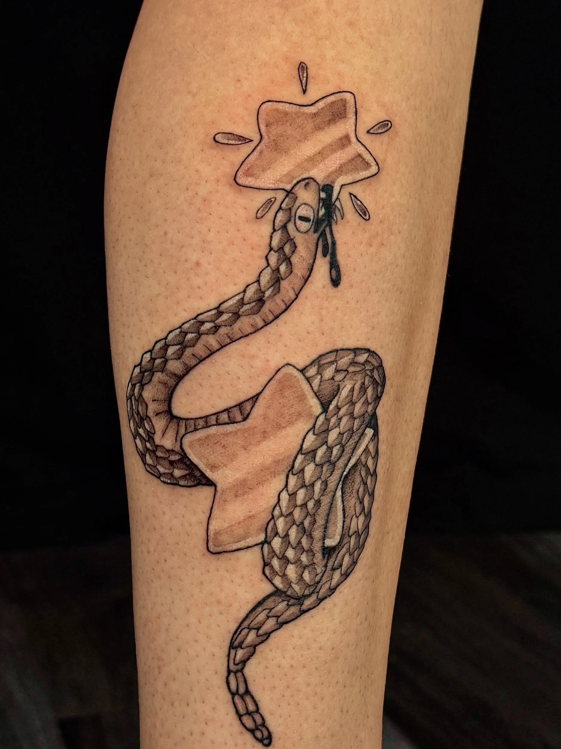 Snake chomping on a star for Sarah! Lines are healed, we did shading and white ink this session :D!, so fun doing snakes! They&rsquo;re like little tricksters ✨
.
.
.
.
#oaklandtattoo #bayareatattoo
#whimsicaltattoo #oaklandtattoo 
#snaketattoo