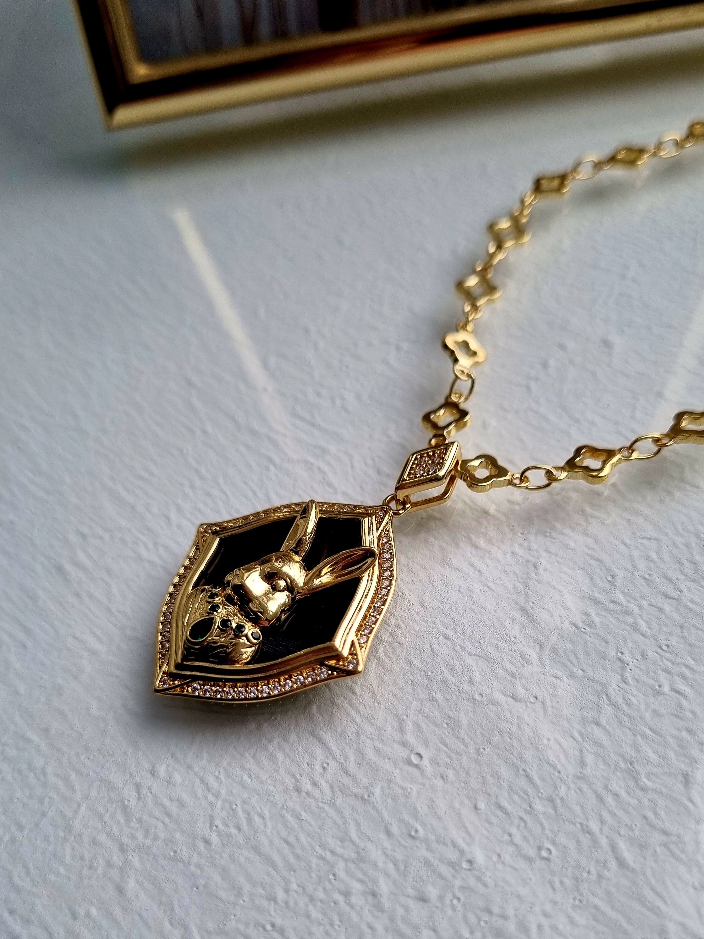 Gold gem set vintage style bunny rabbit pendant necklace