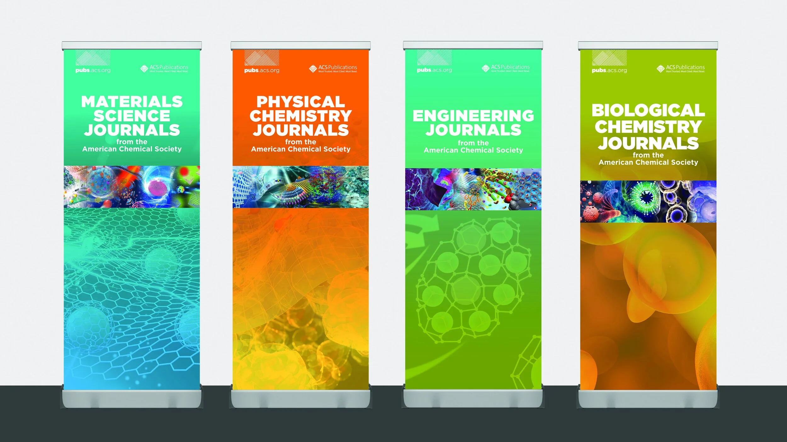Colorful, abstract designs on banners help the American Chemical Society and ACS Publications stand out at events.