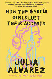 Yellow book cover with pink outline of a woman against a blue outlined city skyline
