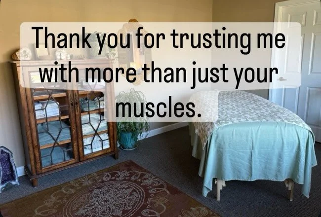 Massage is rarely just about sore or tight muscles.

Underneath the tight shoulders, clenched jaw, and aching neck is often stress, grief, burnout, anxiety, trauma, or simply the weight of carrying too much for too long mentally. 

Last week alone, I