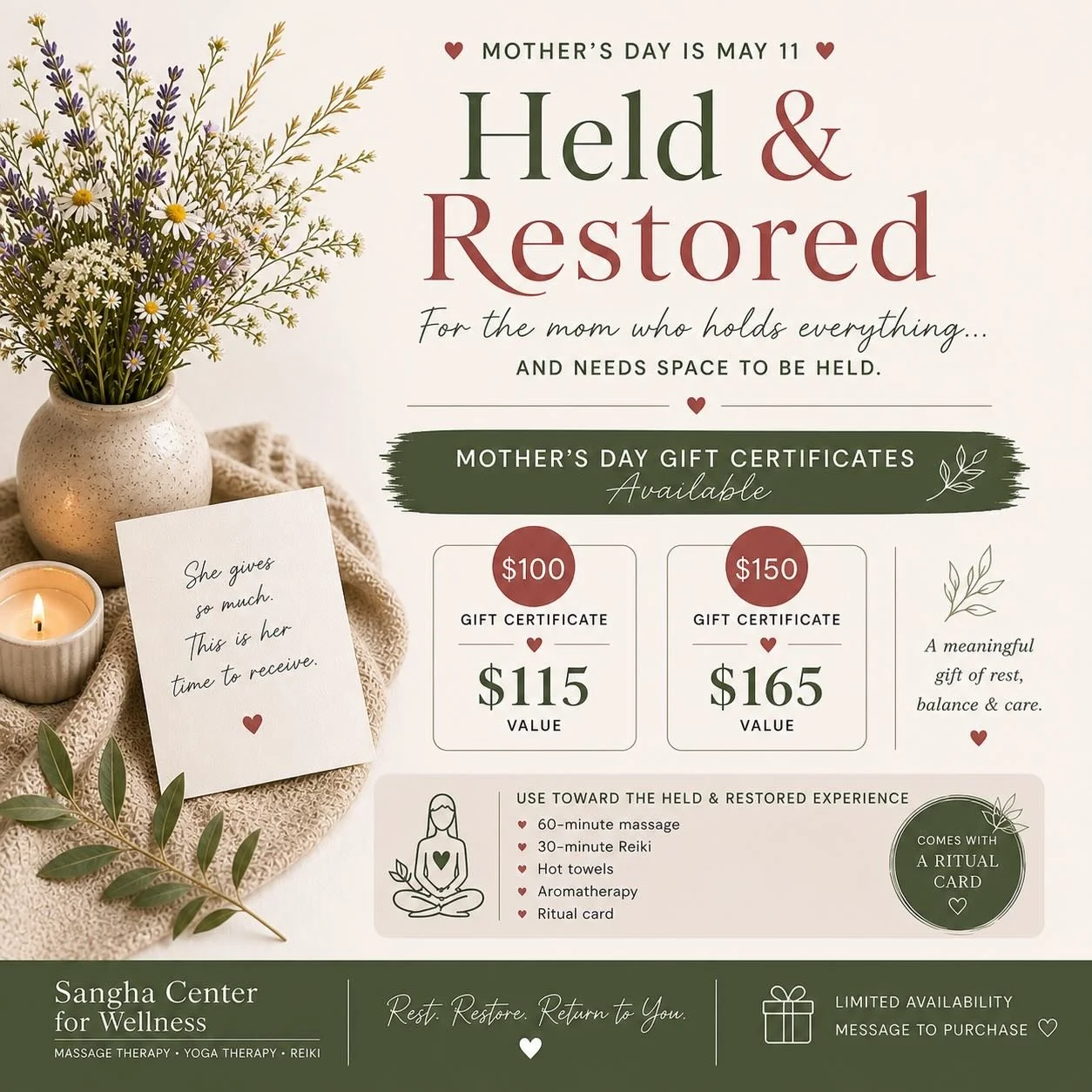 Moms give so much of themselves, carry much of the mental and emotional load, and rarely take the time and space to receive.

This Mother&rsquo;s Day, I&rsquo;m offering something meaningful for busy, overwhelmed, constantly giving and stressed out m