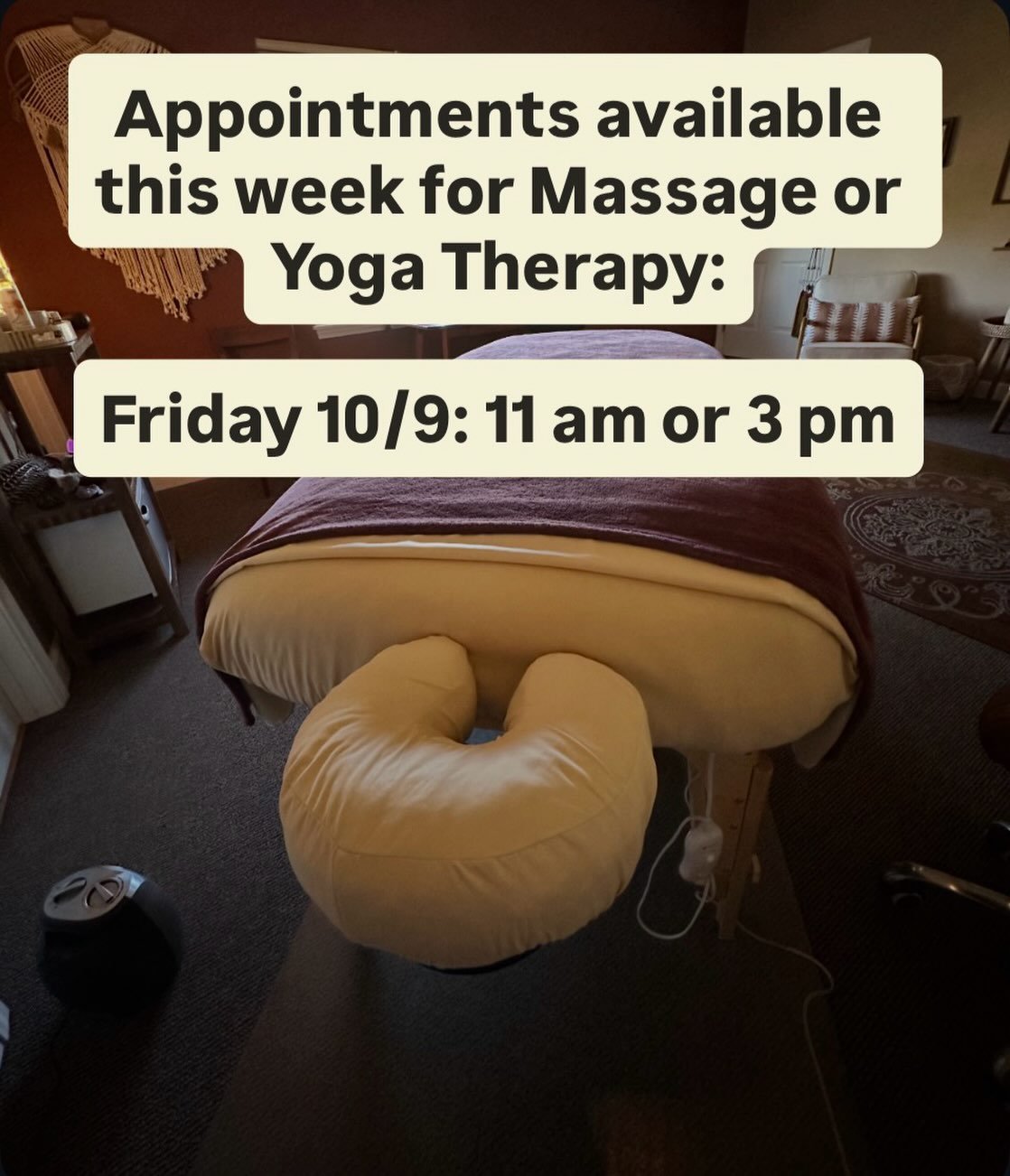 I have a couple of openings available for Massage Therapy + Yoga Therapy this week. 

Relaxation. Tension relief. Nervous system support. Reconnecting with your body. 

As the daylight and temperatures shift, and we settle into a new season, it&rsquo
