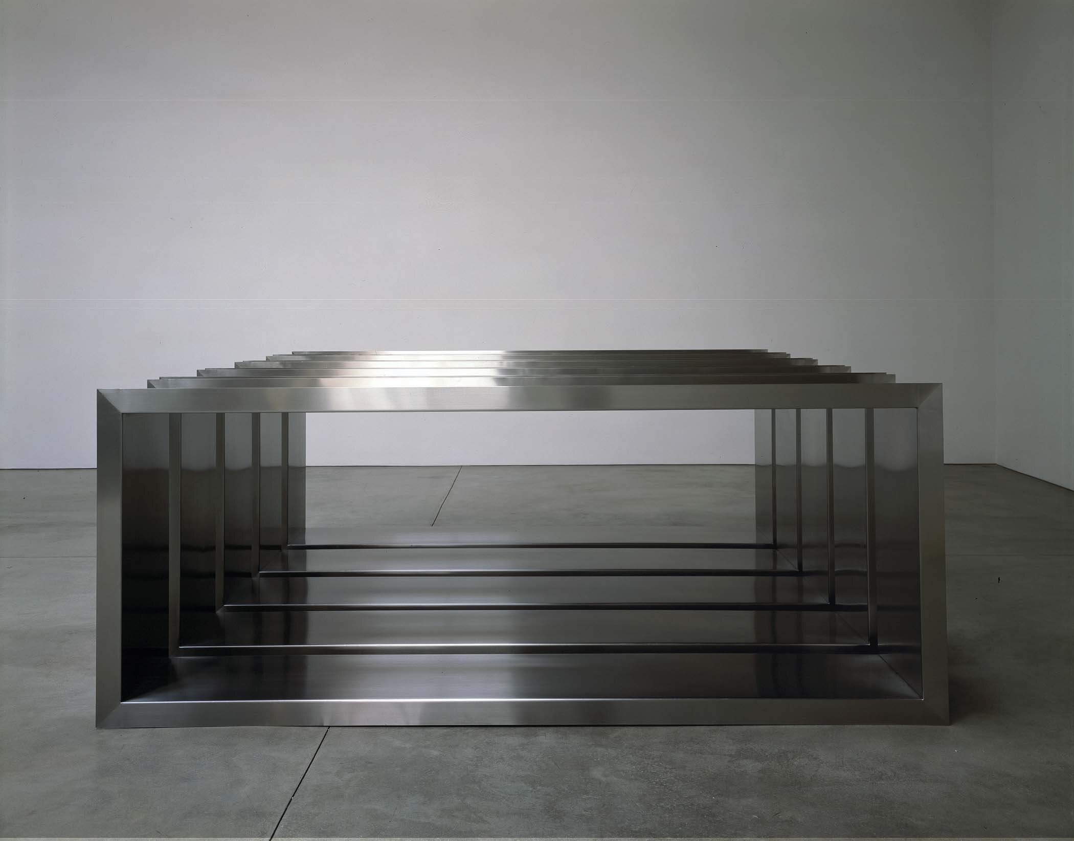  Donald Judd, untitled, 1968, stainless steel, 5 units, each: 48 x 120 x 20 in. (122 x 304.8 x 50.8 cm). Installation view,  Sculpture: Donald Judd, Sherrie Levine, Sol LeWitt, Tony Smith, Jackie Winsor,  Paula Cooper Gallery, 534 W 21st Street, New 