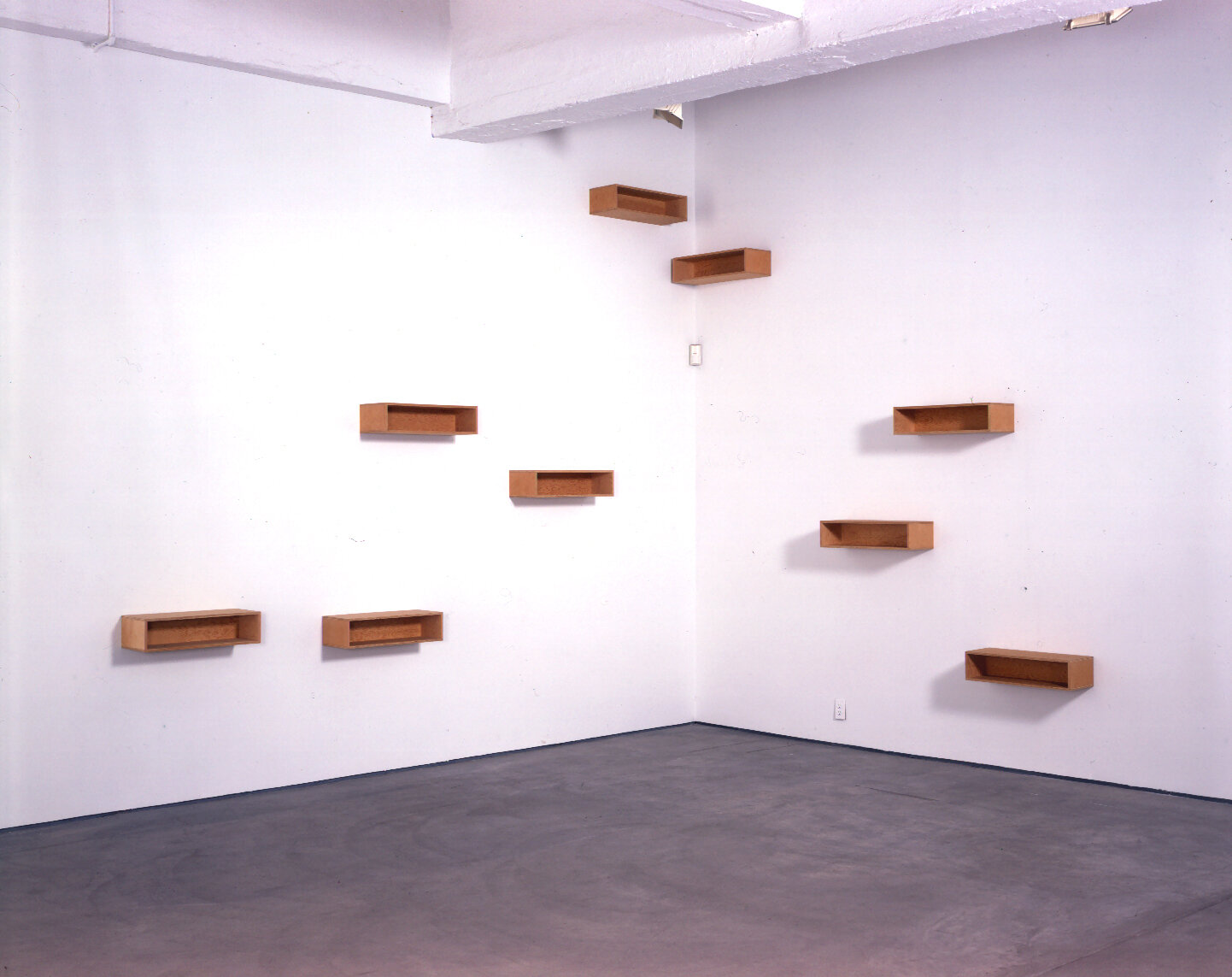  Donald Judd ,   Till Tora , 1976, plywood, 9 units, each: 6 x 24 x 9 in. (15.24 x 60.96 x 22.86 cm); installation view,  Donald Judd , Paula Cooper Gallery, New York, March 27 – May 4, 2002. Collection of Jill and Peter Kraus, New York, NY. 