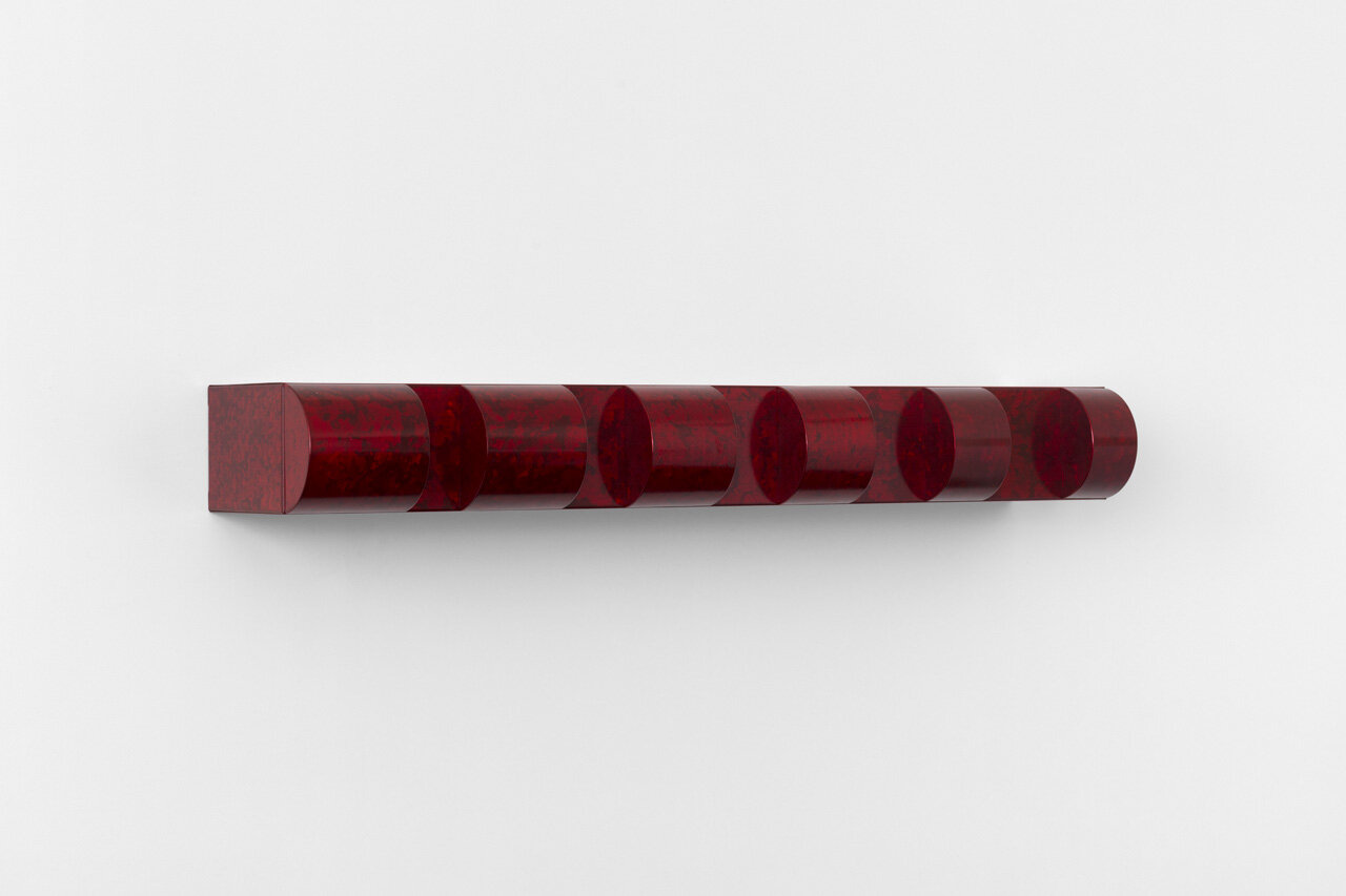  Donald Judd, untitled, 1966-67, red lacquer on galvanized iron, 5 x 40 x 8 1/2 in. (12.7 x 101.6 x 21.6 cm). Installation view,  John Chamberlain &amp; Donald Judd , Paula Cooper Gallery, New York, November 2 – December 14, 2019. Collection of Paula