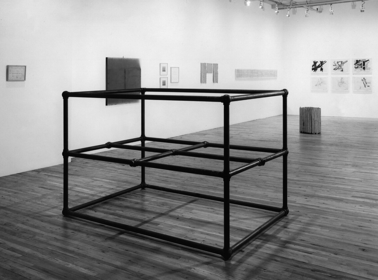  Donald Judd,  To Dave Shackman , 1964, iron pipe and fittings, 54 3/4 × 88 × 54 3/4 inches (139.1 × 223.5 × 139.1 cm). Installation view  Drawings and Other Work , Paula Cooper Gallery, 155 Wooster Street, New York, December 15, 1973 – January 9, 19