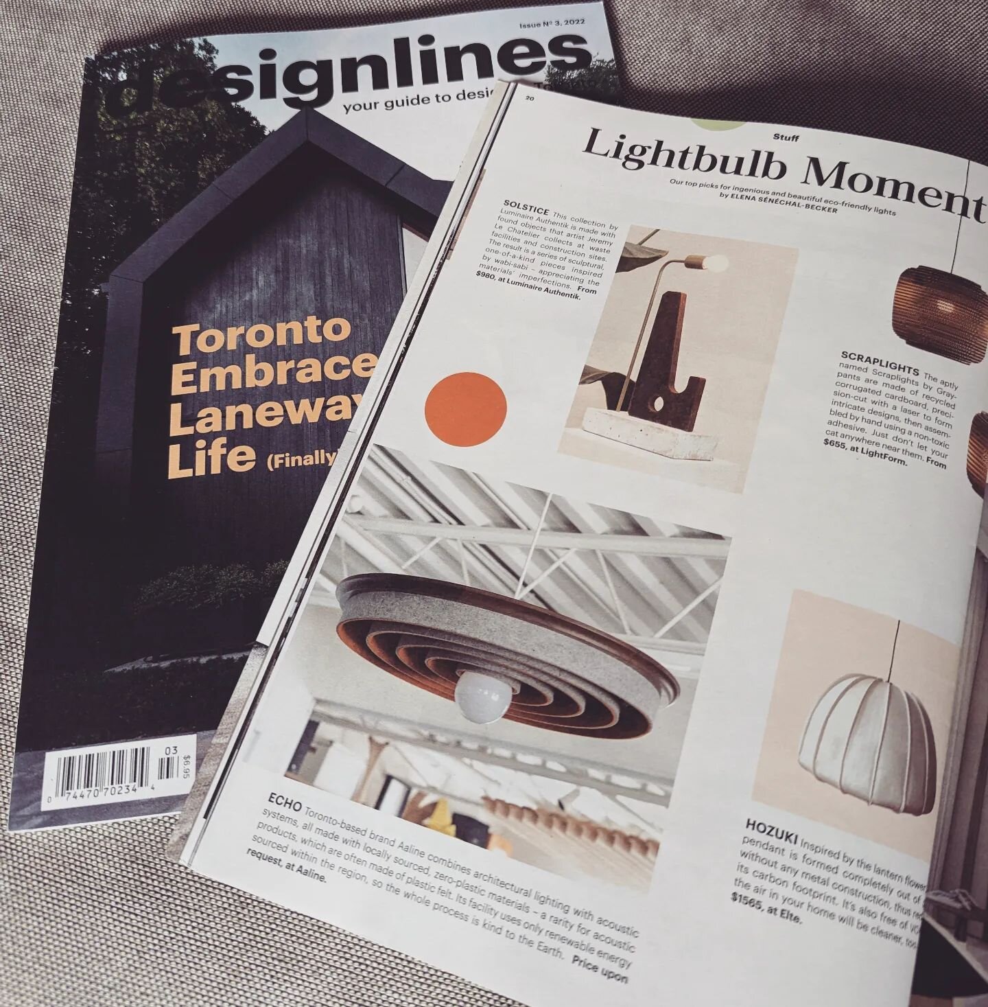 Designlines writes : &quot; Toronto-based brand @aaline.systems , by @fishtnk , combines architectural lighting with acoustic systems, all made with locally sourced, zero-plastic materials - a rarity for acoustic products, which are often made with p