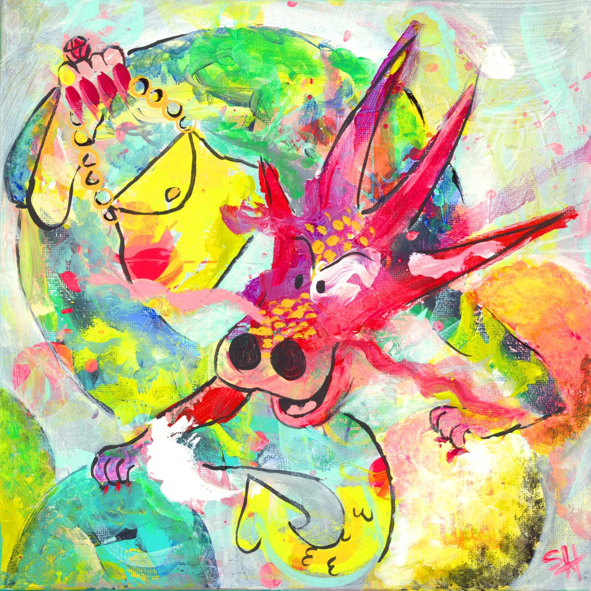 Red and Green Dragon spirals through cloudy sky wearing a ruby ring and carrying a yellow purse.