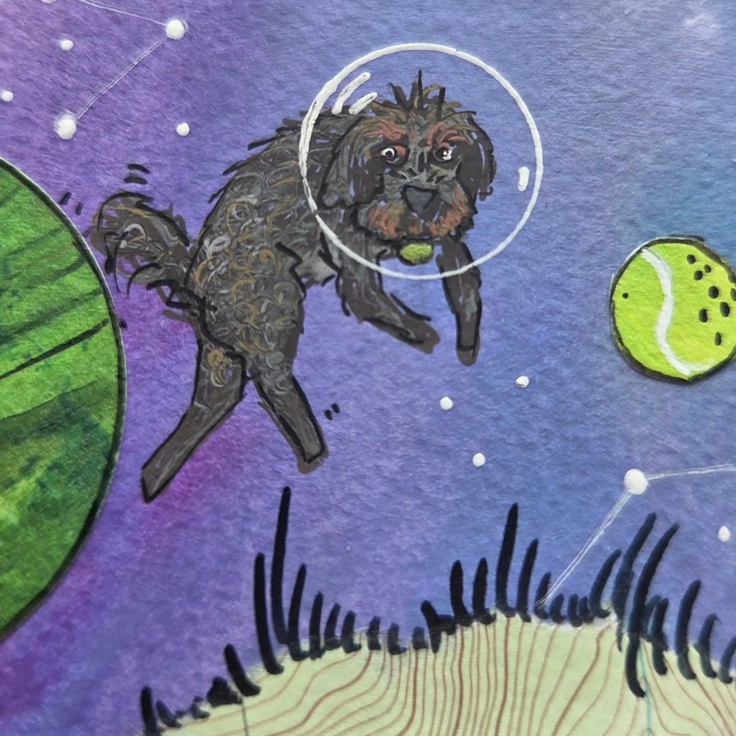Pets in Space are starting to arrive in their new homes!  Tully wanted to go to space with his trusted dirty tennis balls. 💖

I'm hoping to be able to squeeze in a few more Pets in Space before the holidays. If you're interested, find the waitlist l