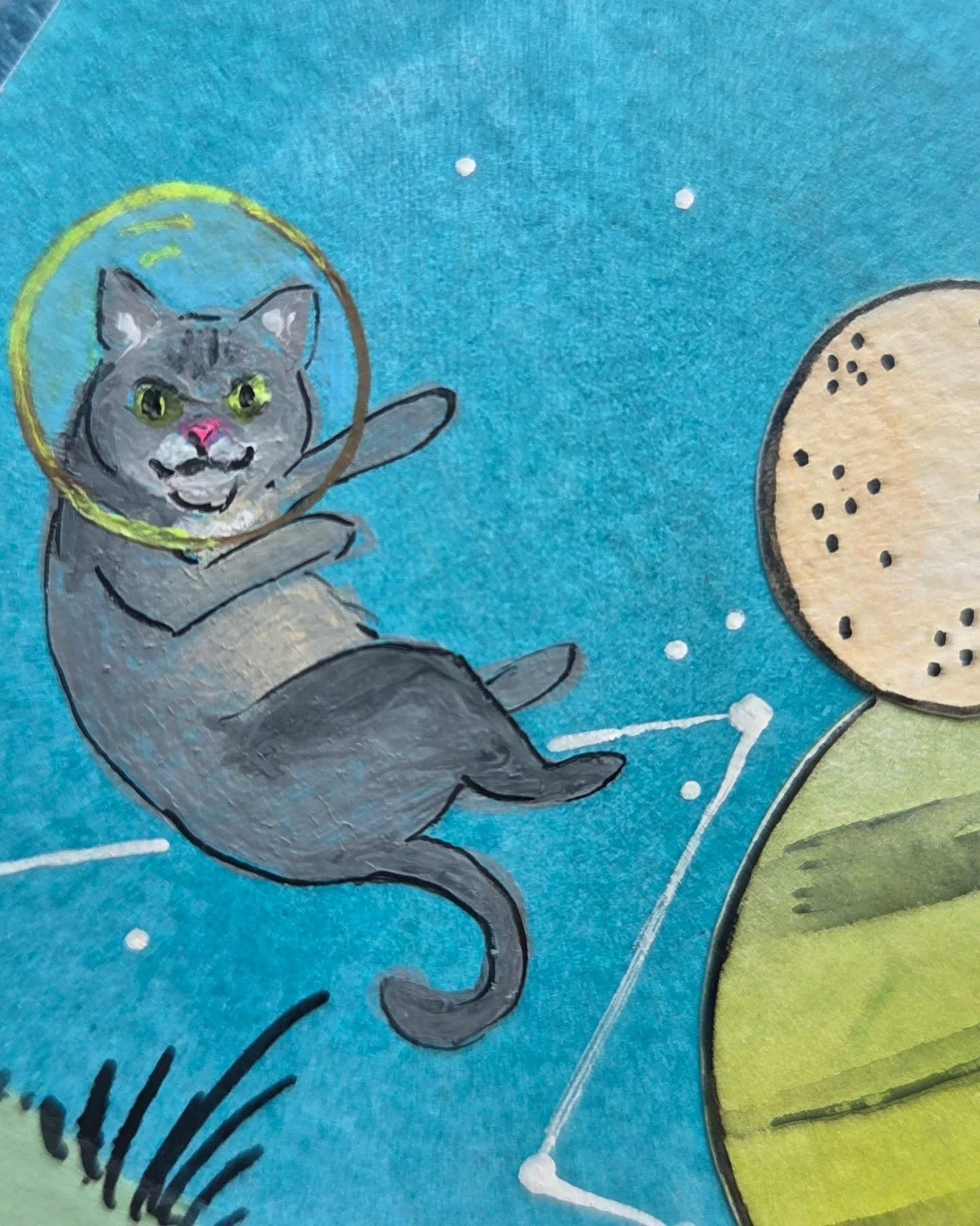 From Wilhelmina's people: &quot;Thanks! We really love our new art.&nbsp;Wilhelmina&nbsp;seems less sure,&quot;

😻😹

Find the link fir the Pets in Space waitlist on my profile!