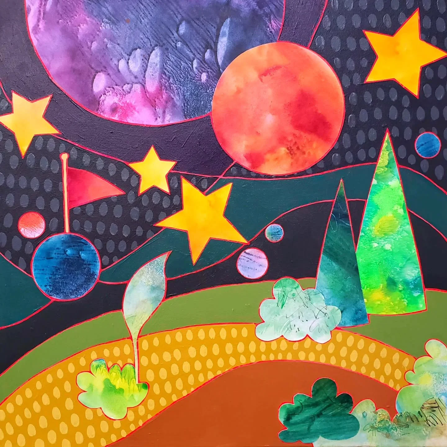 AVAILABLE:  One of the largest mixed-media paintings in studio Sale - 'Far Far Away' measures 24" x 24" x 1.5" and is professionally wired on the back and ready to hang. 

We're celebrating 5 years in our art studio and my 50th birthda