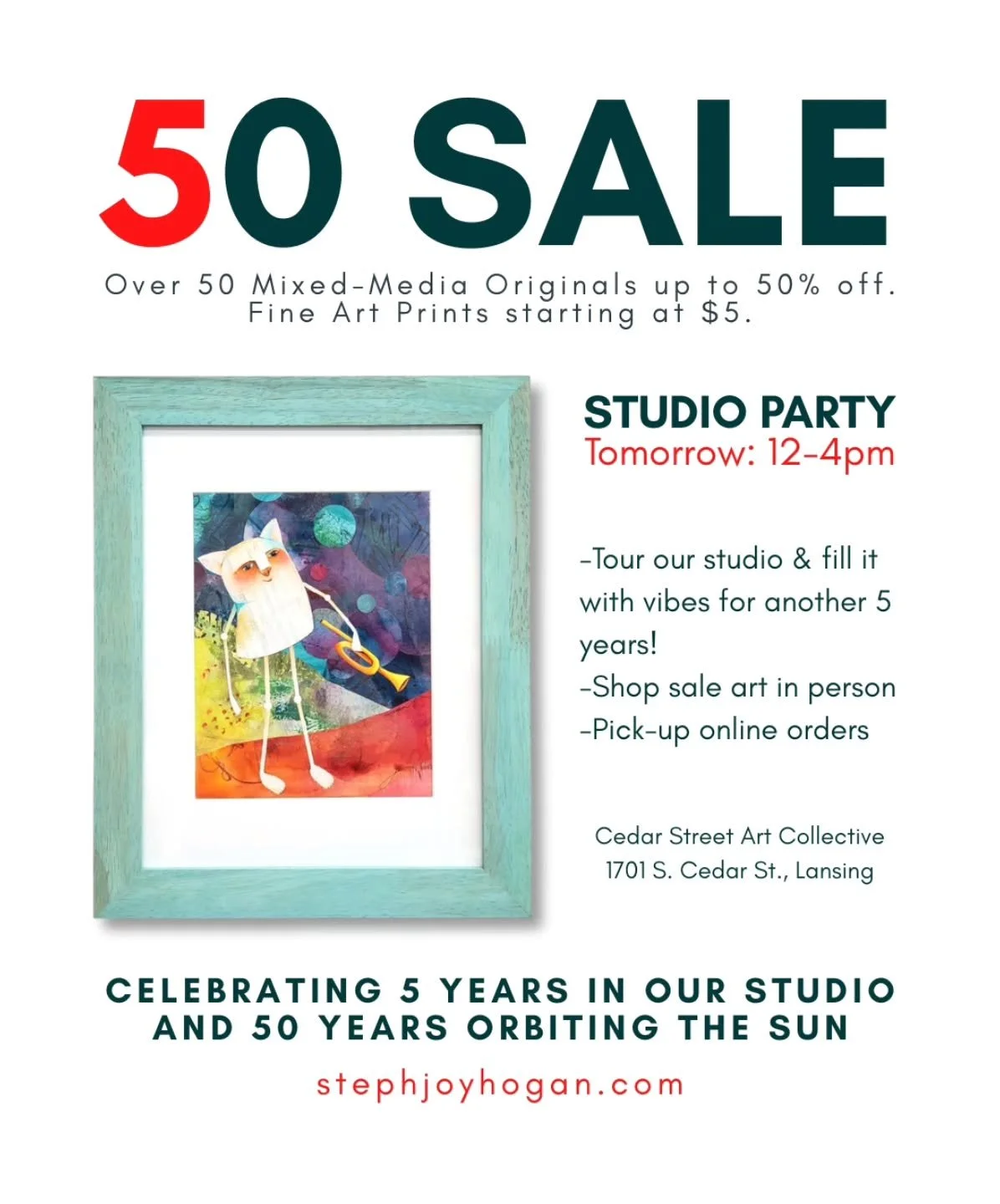It's a party! TOMORROW, come celebrate the final day of our 50 Sale and fill our studio with good vibes for another wonderful 5 years!⁠
⁠
If you haven't been paying attending or are new here, we've been celebrating the 5 year anniversary of our art s