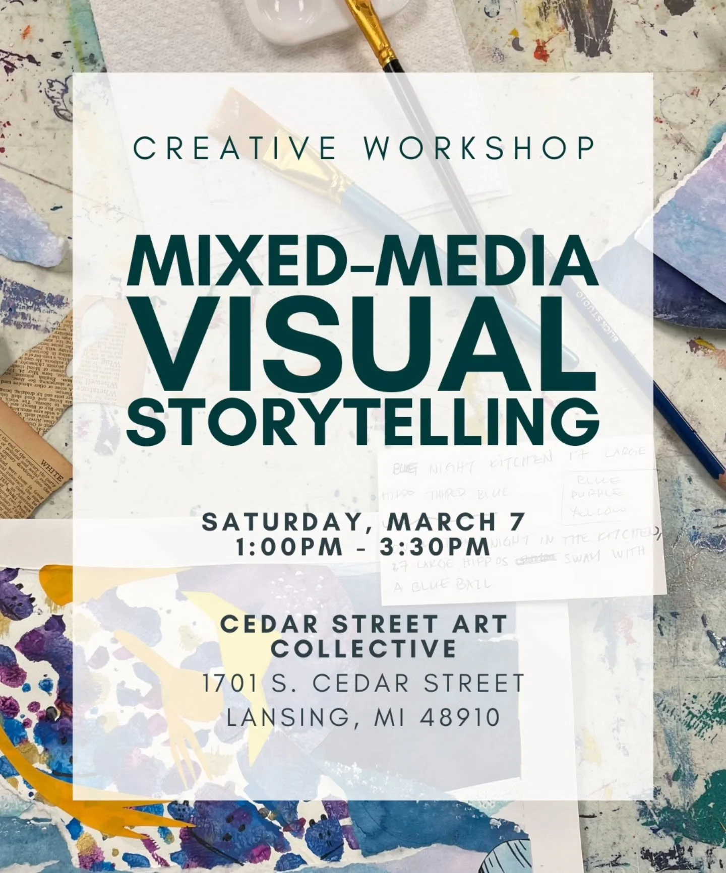 Just a couple spaces left for Saturday's creativity boosting workshop! Whether you don't consider yourself artistic at all, or you're a seasoned professional, you'll have a blast and learn a lot of great tips for getting out of your head and into you