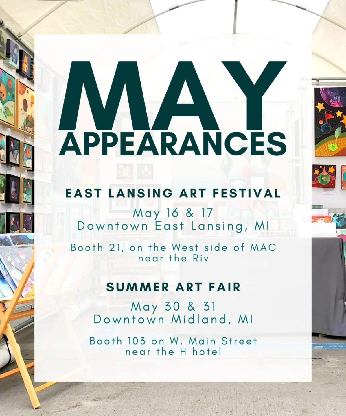 My art festival season officially kicks off next weekend with the East Lansing Art Festival. I look forward to connecting with you on the road this summer!