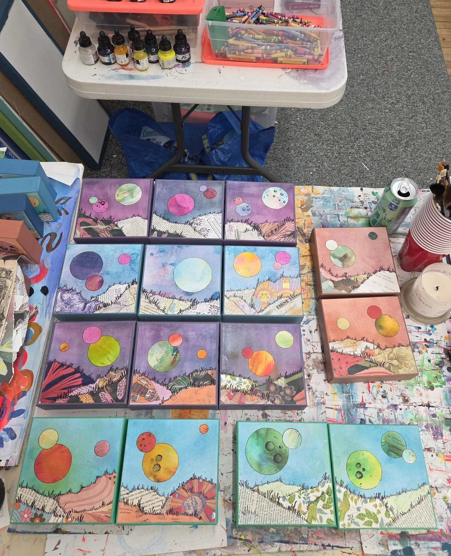 Make your guess! How many of these 6x6 Scrapscapes are finished, framed, and ready to hang in my booth at East Lansing Art Festival this weekend?