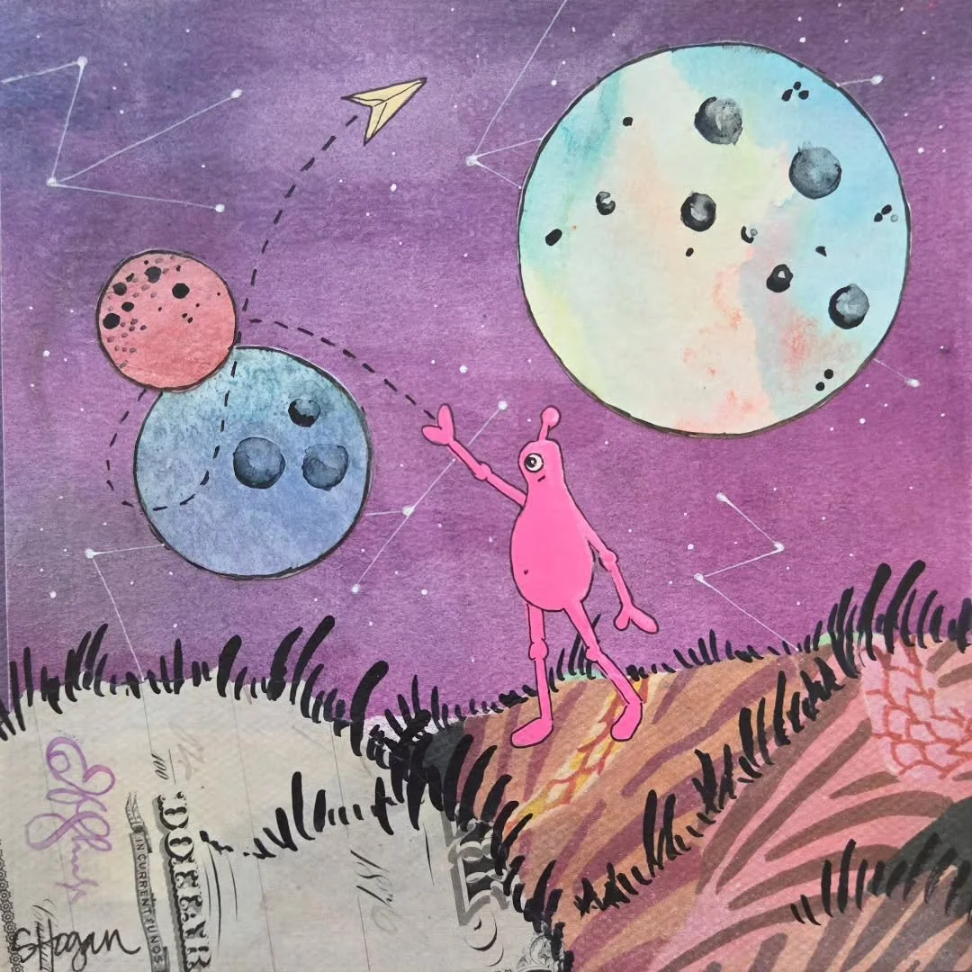 Today! Adopt an alien pal at Scrapfest 16 in Old Town Lansing today 11-7.⁠
⁠
***⁠
This piece features an antique check with really neat stamps and other marks!