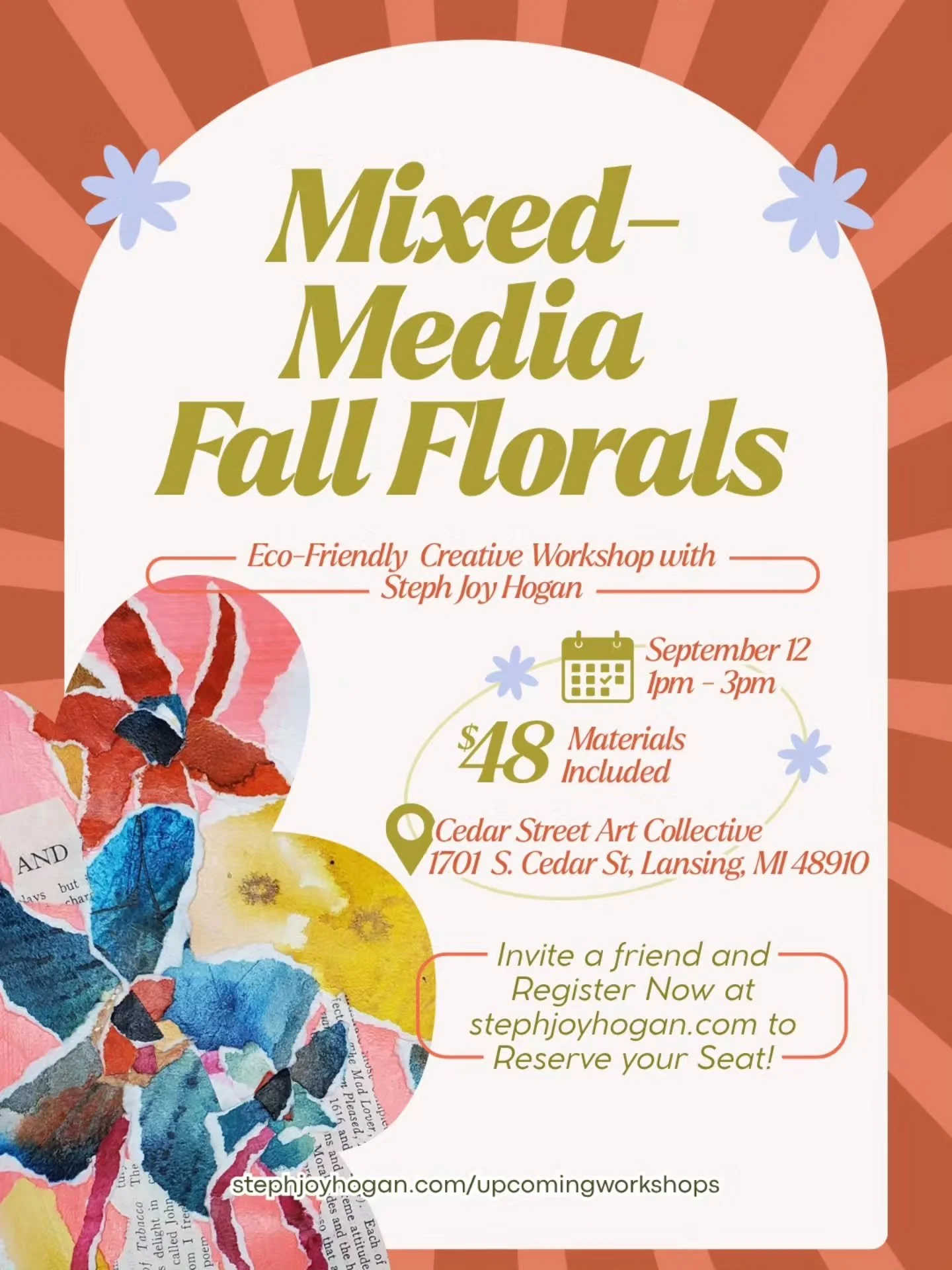 Registration is open for fall mixed-media workshops! Save your seat by heading to my website. ⁠
⁠
Up first: Celebrate the changing of the seasons with eco-friendly art!  Saturday, September 12, 1pm - 3pm
⁠
Using found papers (like junk mail, maps, bo