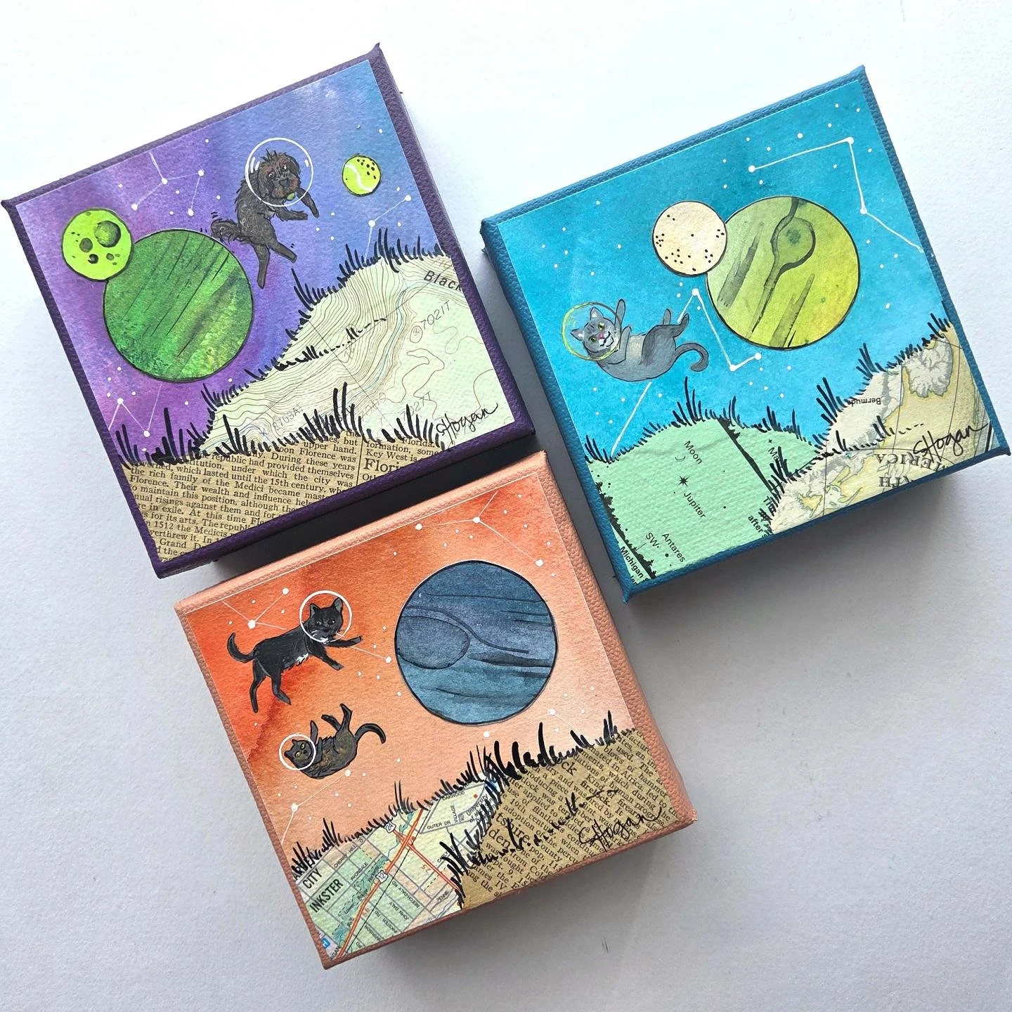Commissions are open! Celebrate a furry new addition to the family, a beloved good boi who has passed, or the wild adventures of your favorite peoples' favorite pets!⁠ These personalized minis, inspired by my award-winning Scrapscapes series, make ex