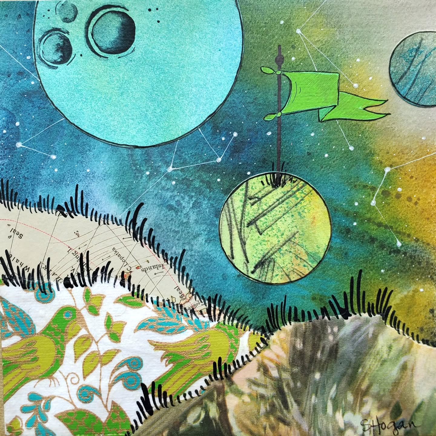 Available: 'Whale' - handmade original mixed-media artwork, framed. 6 x 6 inches.