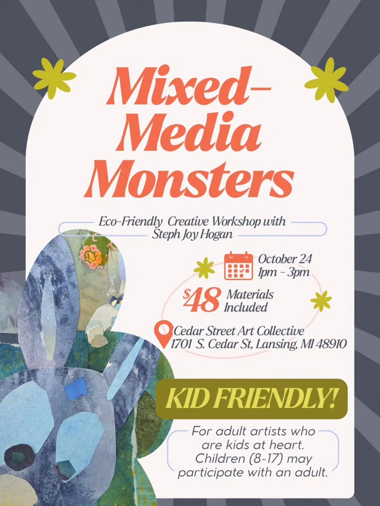 We&rsquo;re making friends - literally!

Using hand painted art papers (created by you!) and found papers (like junk mail, maps, book pages), you&rsquo;ll bring whimsical creatures, characters, and monsters to life with mixed-media artist, Steph Joy 