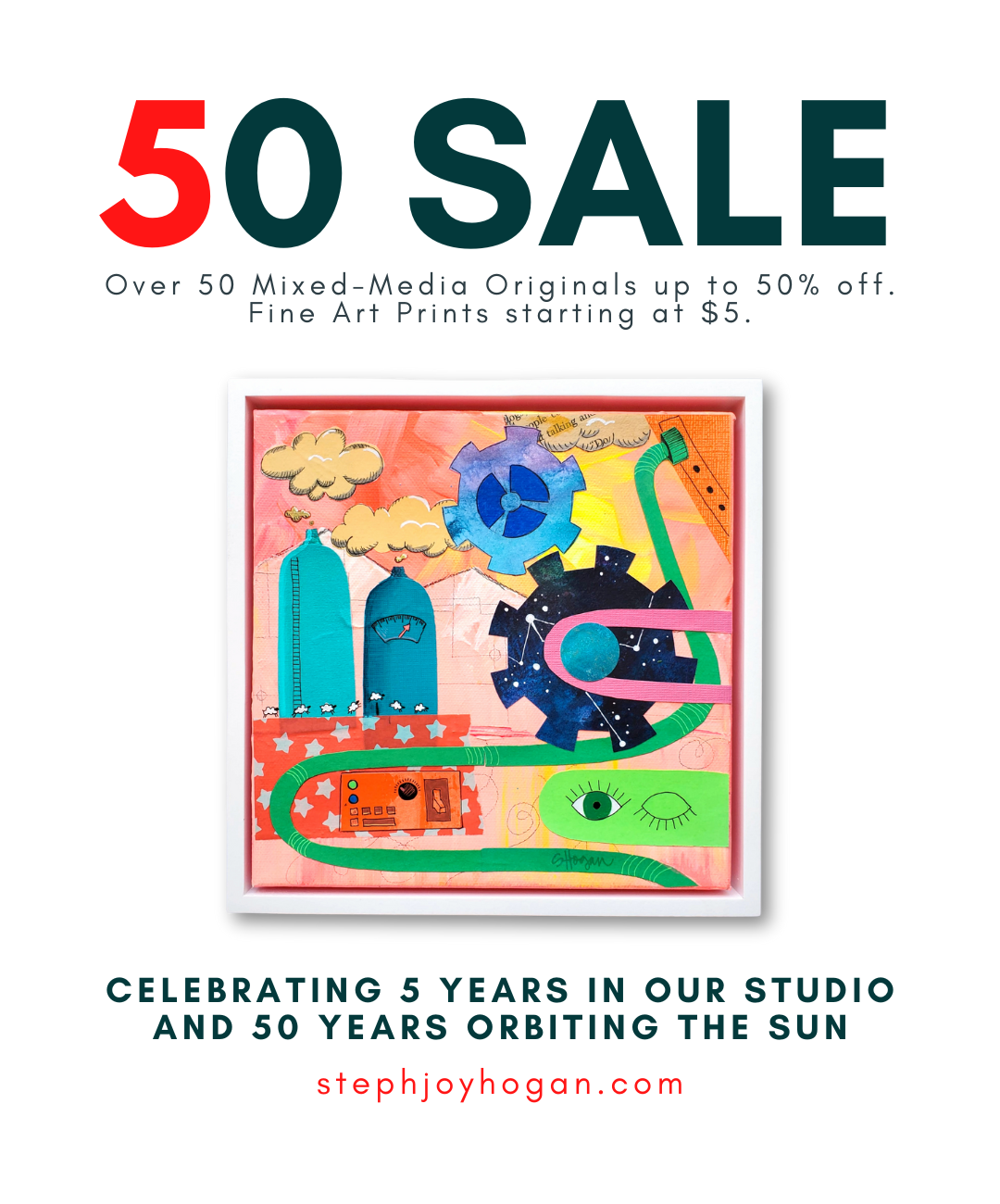 Sale announcement featuring whimsical mixed-media artwork