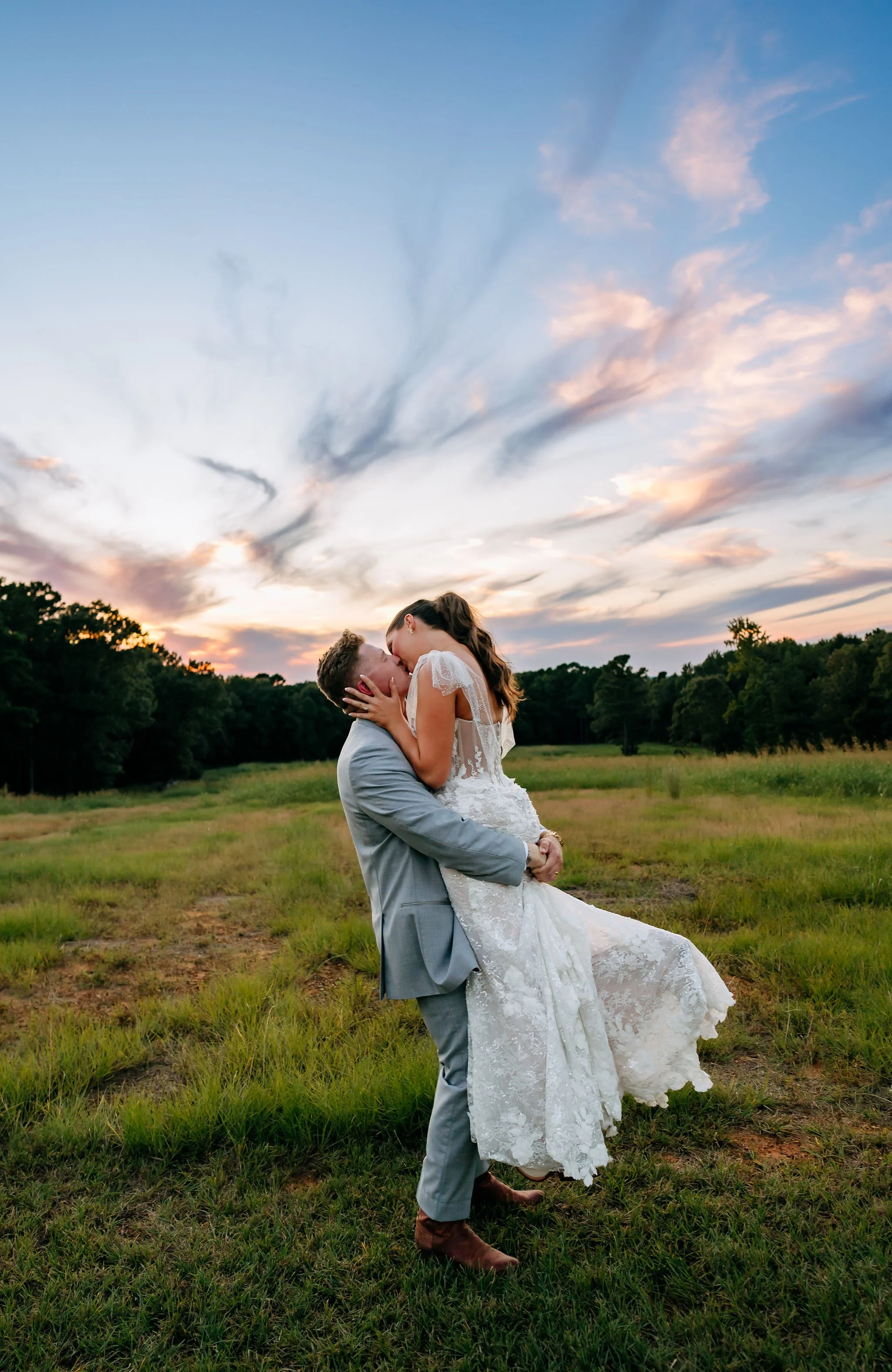 sunset wedding photos with flowers and greenery in east texas