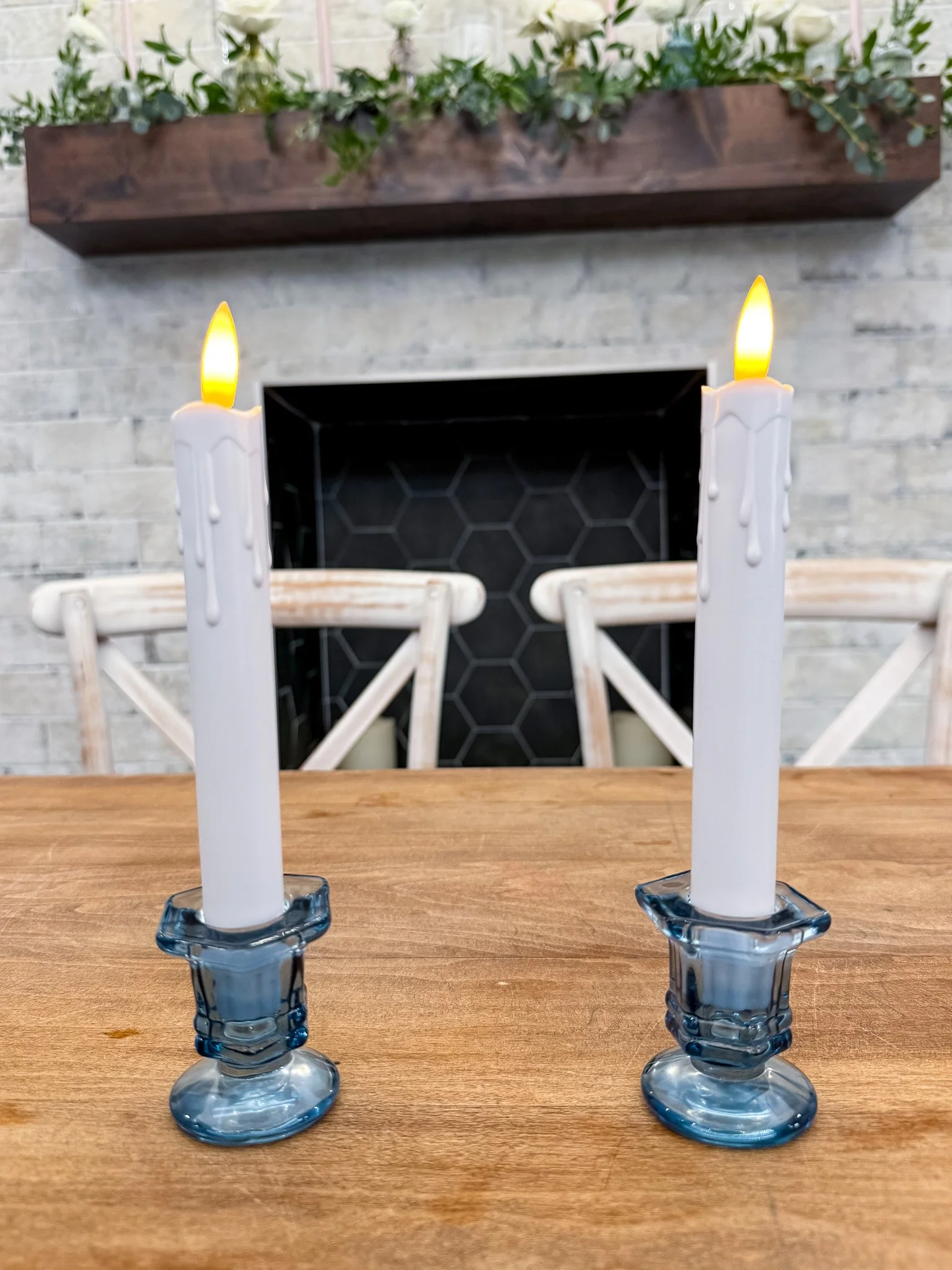 Blue glass taper candle holders