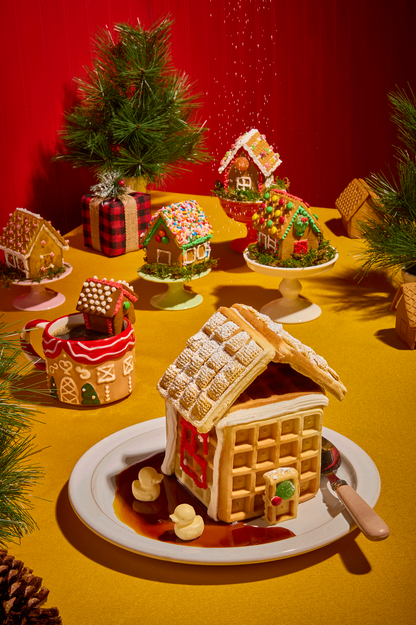 waffle gingerbread house food photography