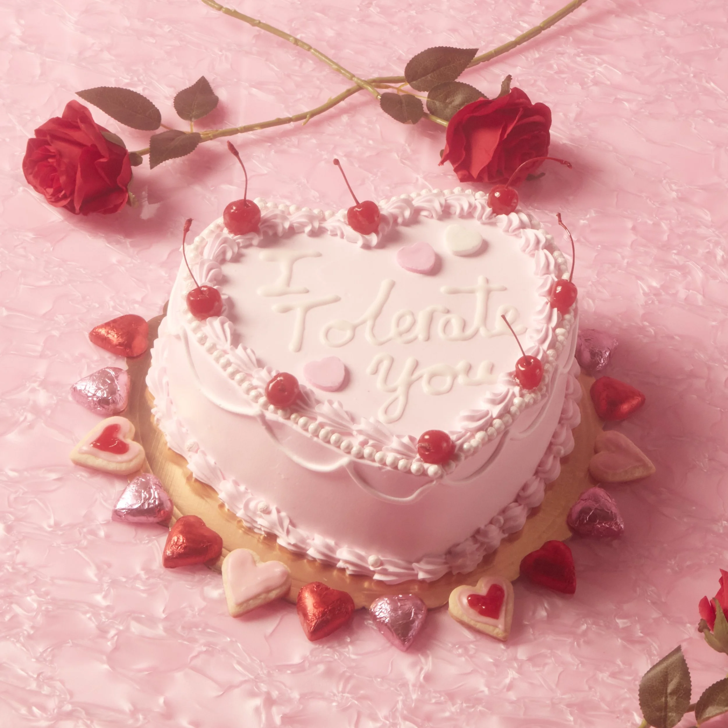 A pink heart-shaped cake decorated with cherries and pink and red heart-shaped candies, with the words "I Tolerate you" written on top, surrounded by red roses and additional small candies on a pink textured surface. Cake photography.