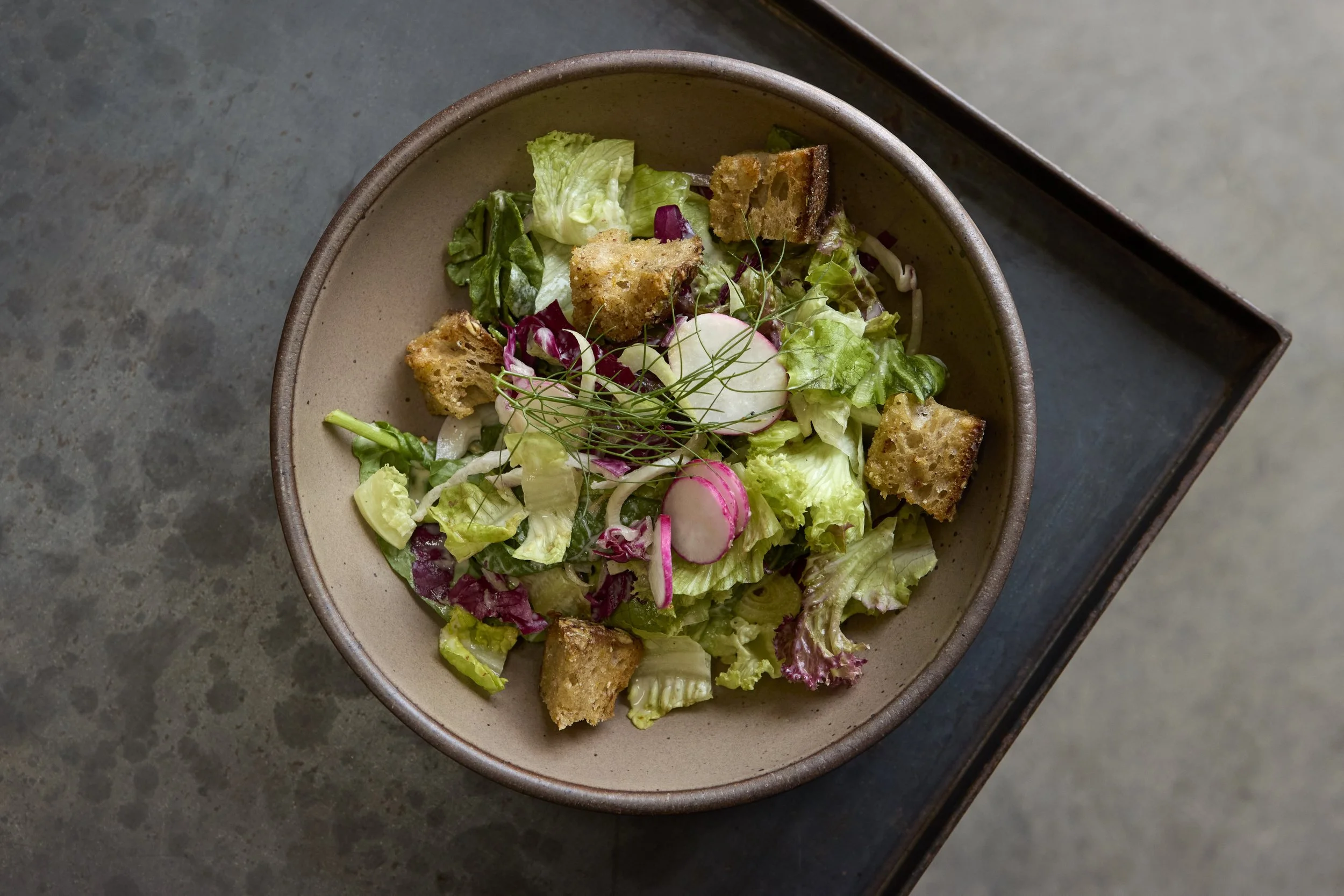 Mixed salad with lettuce, radish slices, croutons, and microgreens in a bowl. Food Photography Los Angeles.