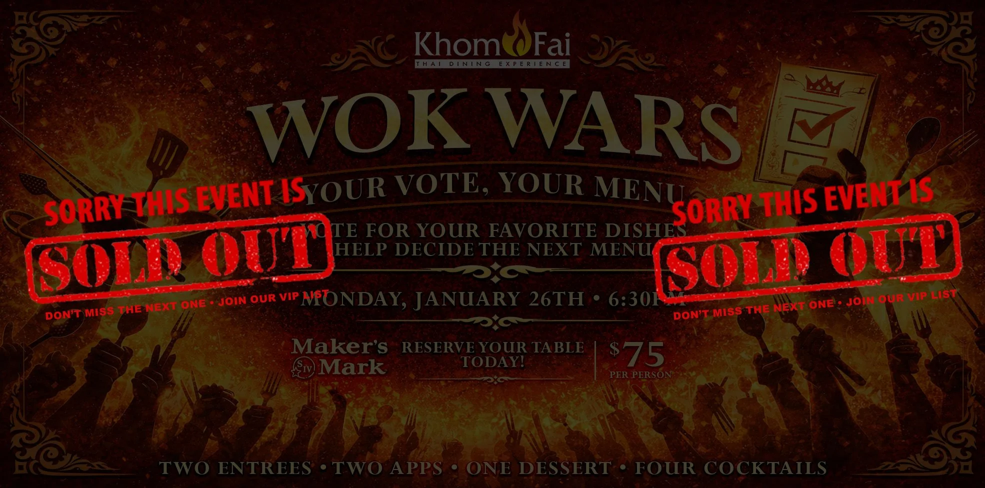 Event poster for a Thai dining experience titled 'Wok Wars' at Khome Fai, featuring a voting and menu selection event scheduled for Monday, January 26th at 6:30 PM. The poster has a fiery background with silhouettes of people holding utensils, and red stamps indicating the event is sold out, with a message to join the VIP list for upcoming events.