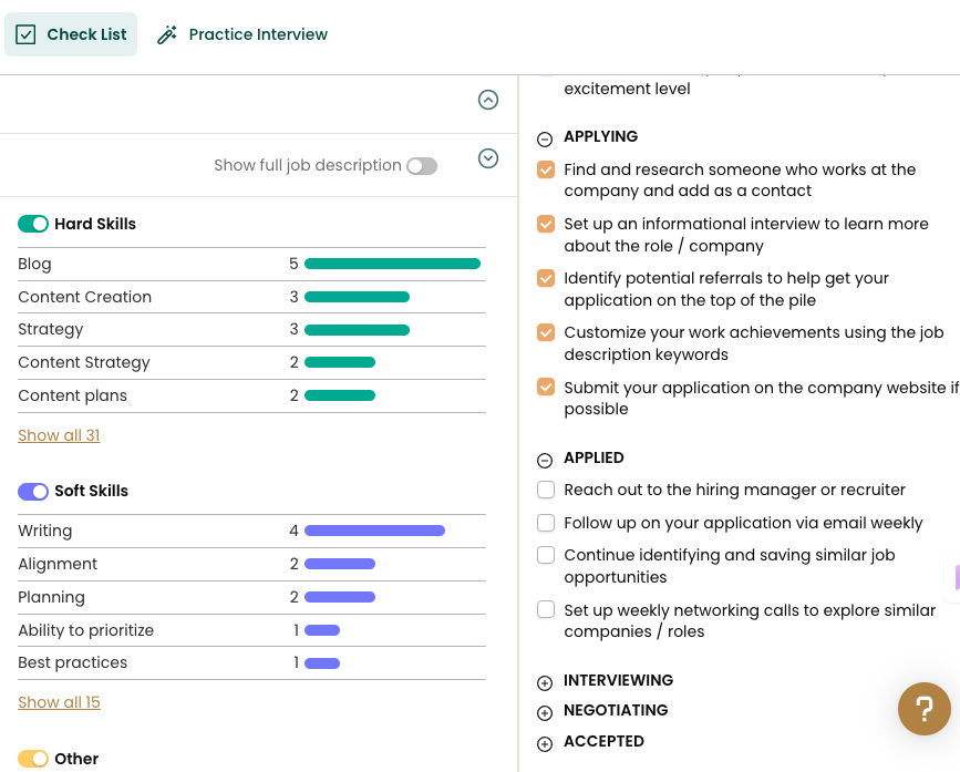 Teal Job Checklist