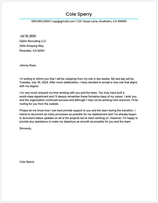Two Week Notice Letter Example