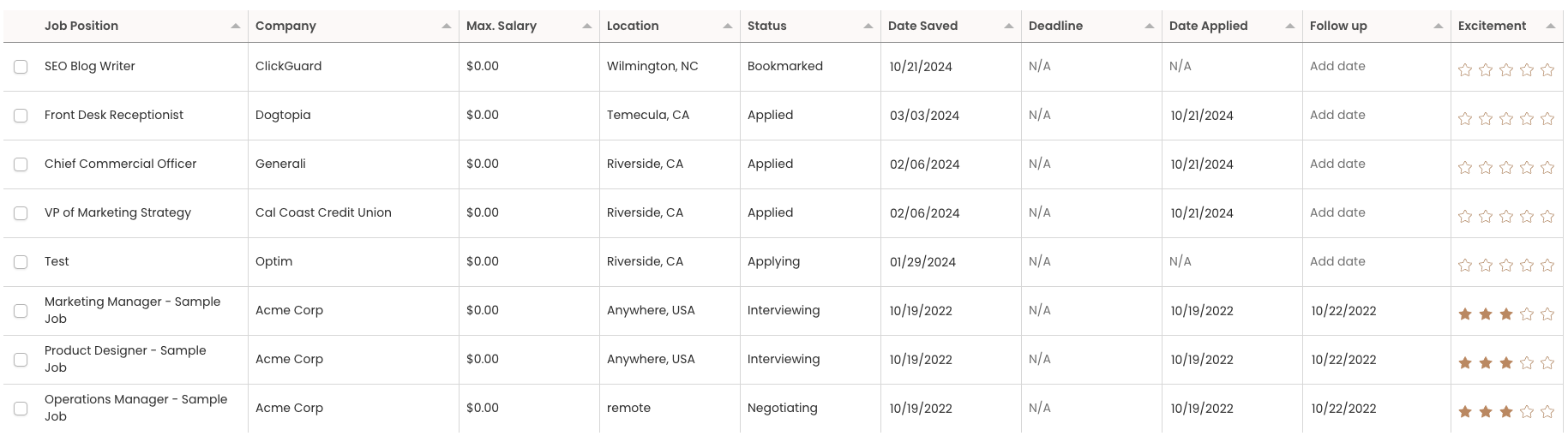 Teal Job Application Tracker Table