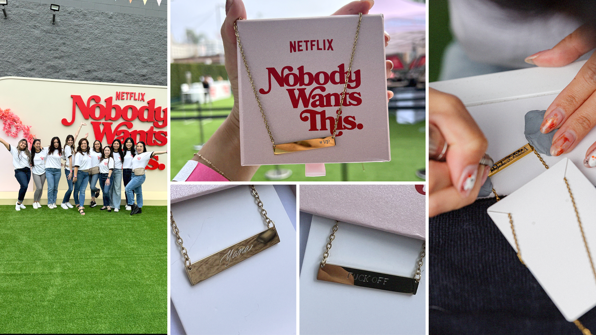 Netflix's Nobody Wants This block party event featuring a brand activation with engraving artists personalizing gold plated bar necklace in Los Angeles